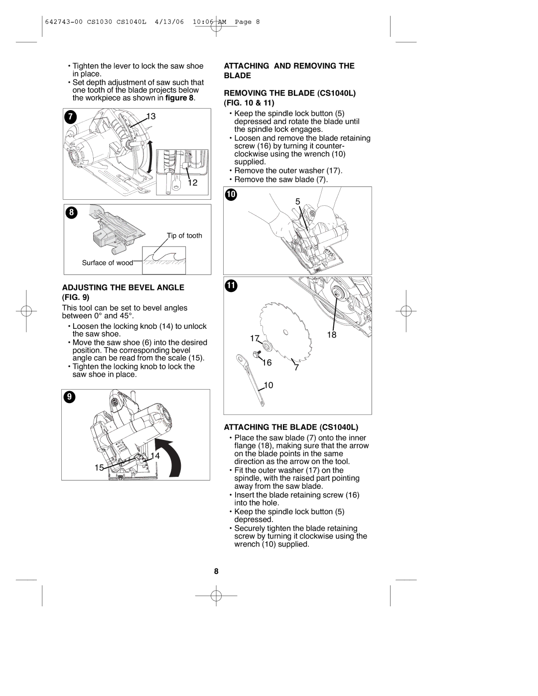 Black & Decker CS1030L instruction manual Tighten the lever to lock the saw shoe in place, Adjusting the Bevel Angle FIG 