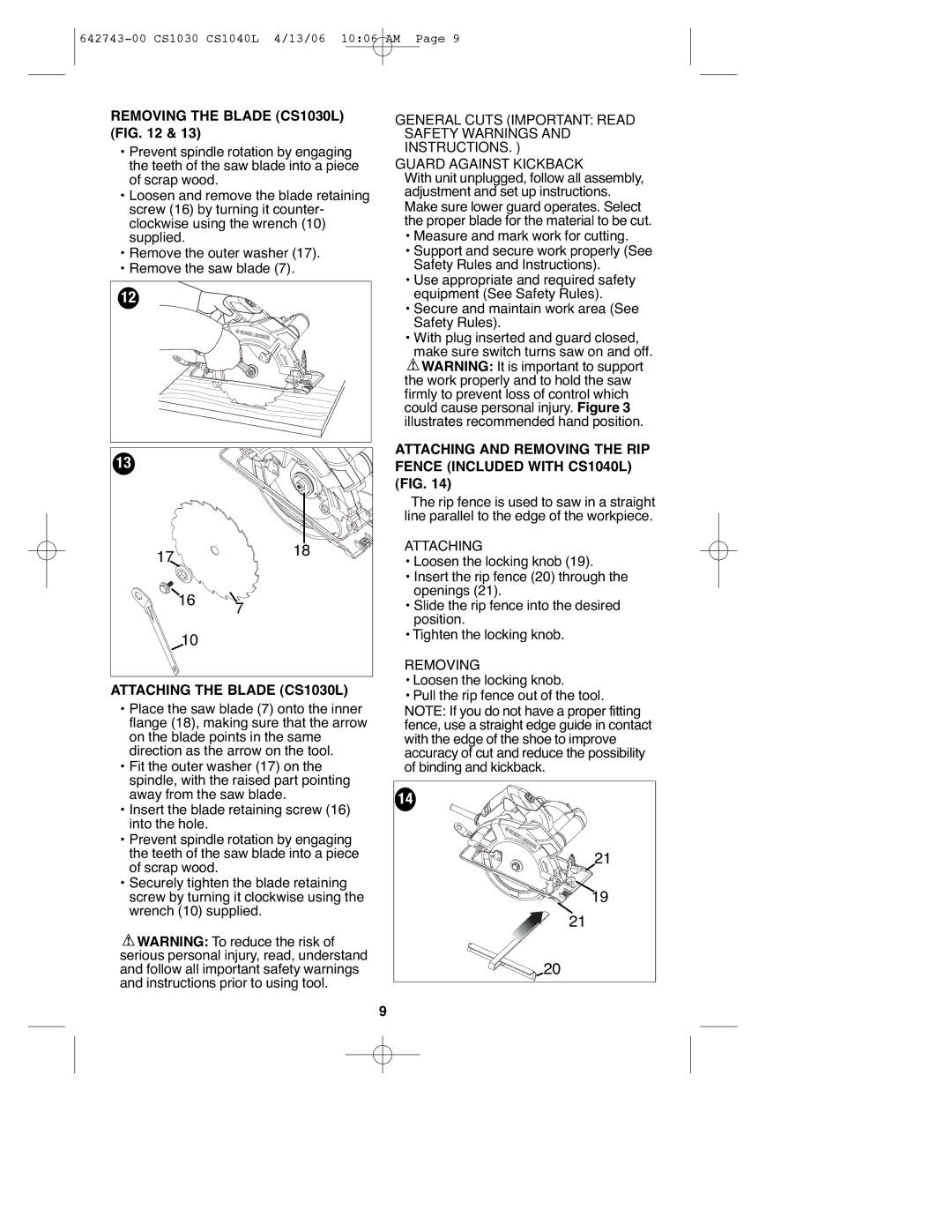 Black & Decker Removing the Blade CS1030L, Secure and maintain work area See Safety Rules, Attaching the Blade CS1030L 