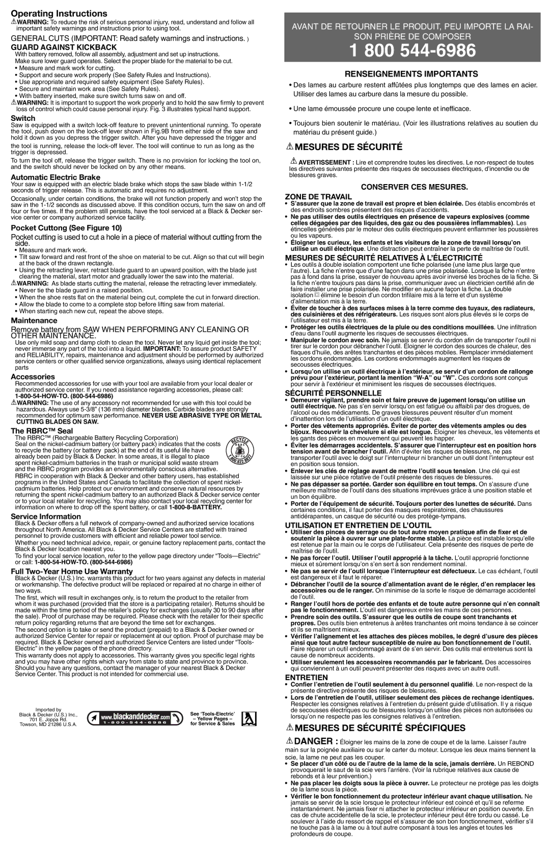 Black & Decker CS144, CS180 Operating Instructions, Mesures DE Sécurité Spécifiques, Renseignements Importants 