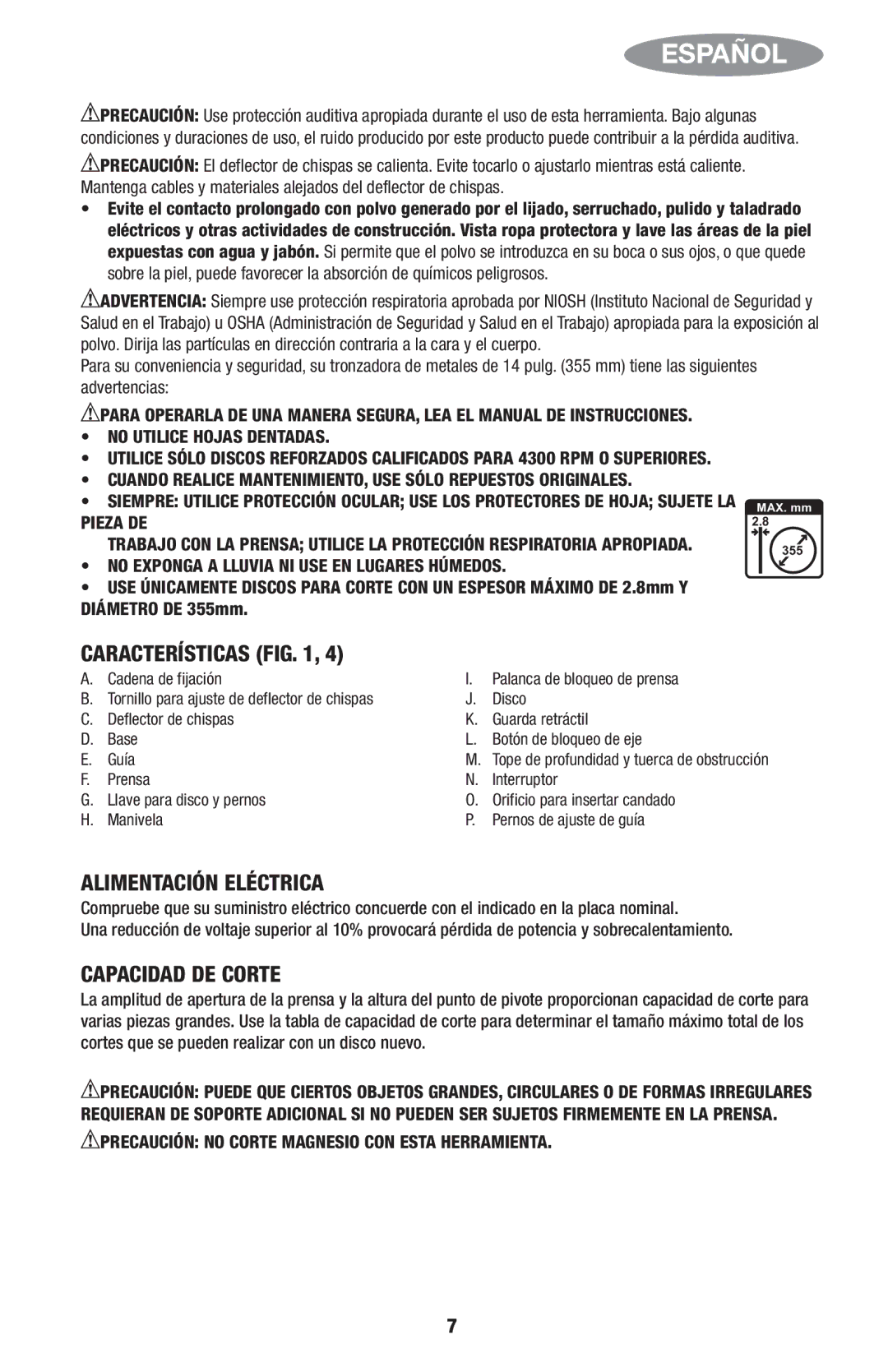 Black & Decker ITM90545036, CS2000 instruction manual Características, Alimentación Eléctrica, Capacidad DE Corte 