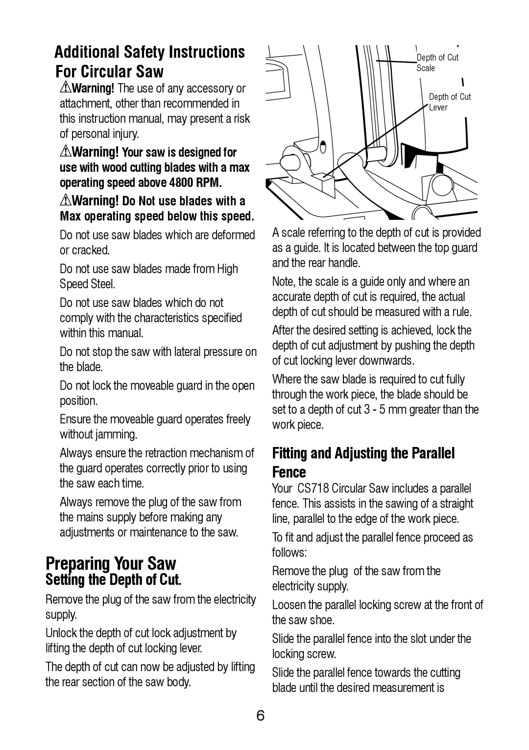 Black & Decker CS718-AE instruction manual Setting the Depth of Cut, Fitting and Adjusting the Parallel Fence 