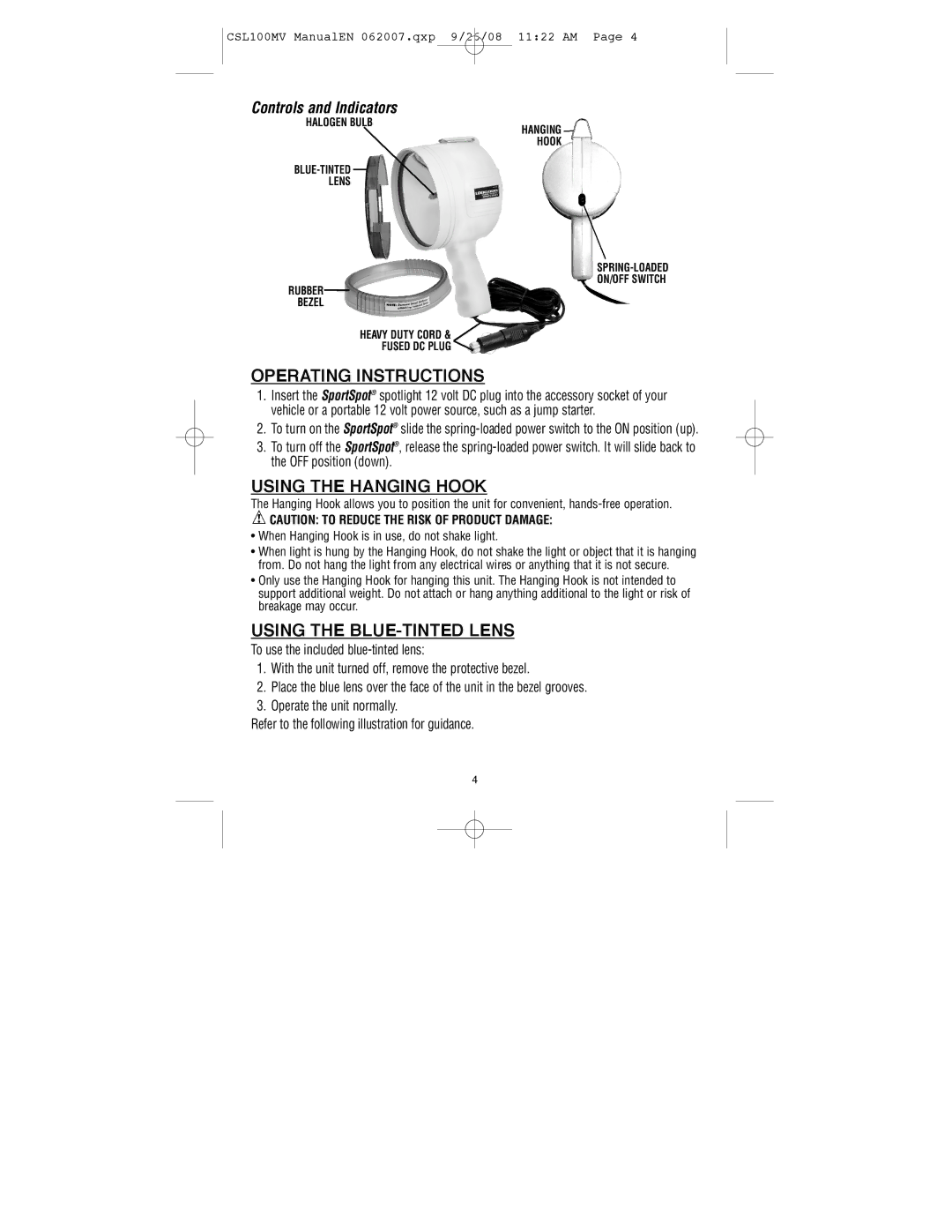 Black & Decker 1, 000 Operating Instructions, Using the Hanging Hook, Using the BLUE-TINTED Lens, Controls and Indicators 