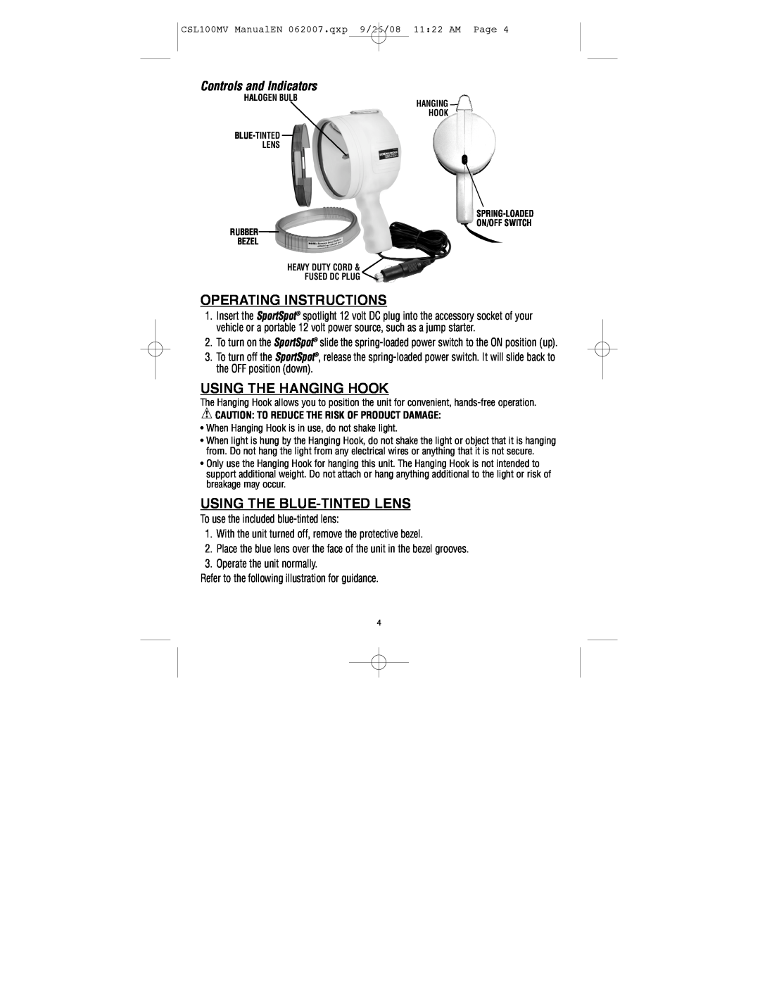 Black & Decker 1, 000 Operating Instructions, Using The Hanging Hook, Using The Blue-Tinted Lens, Controls and Indicators 