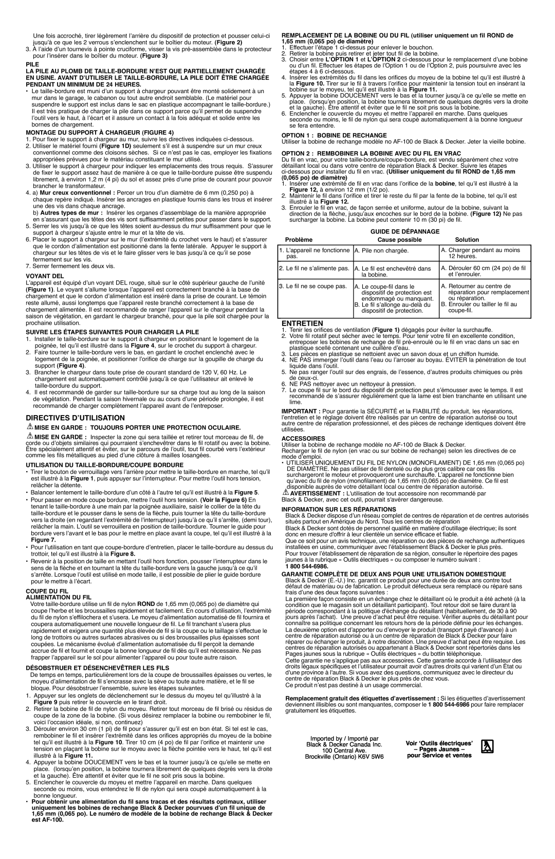 Black & Decker CST1100 instruction manual Directives Dʼutilisation, Entretien 
