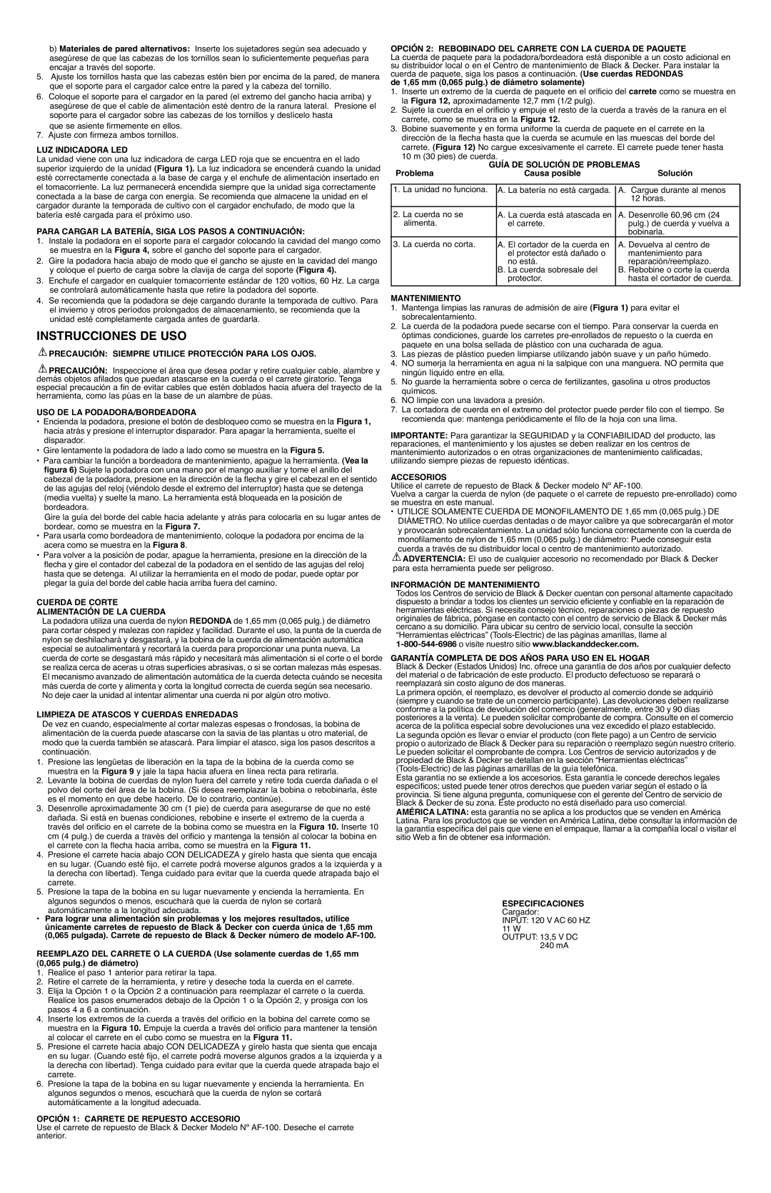 Black & Decker CST1100 instruction manual Instrucciones De Uso, Información De Mantenimiento 