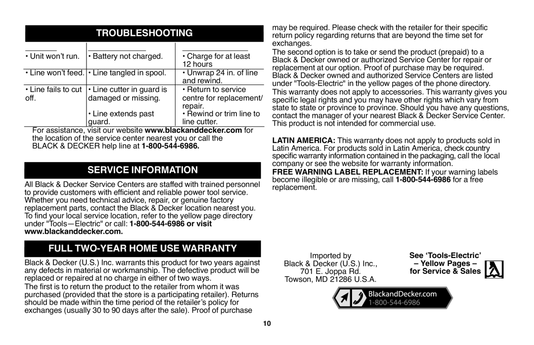 Black & Decker CST1200R instruction manual Troubleshooting, Service Information Full TWO-YEAR Home USE Warranty 