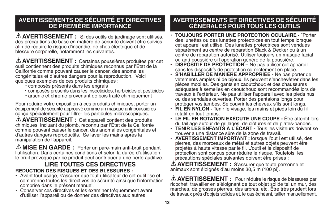 Black & Decker CST1200R instruction manual Avertissements DE Sécurité ET Directives 