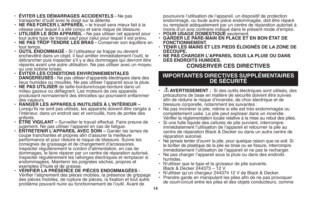 Black & Decker CST1200R instruction manual DE Sécurité 