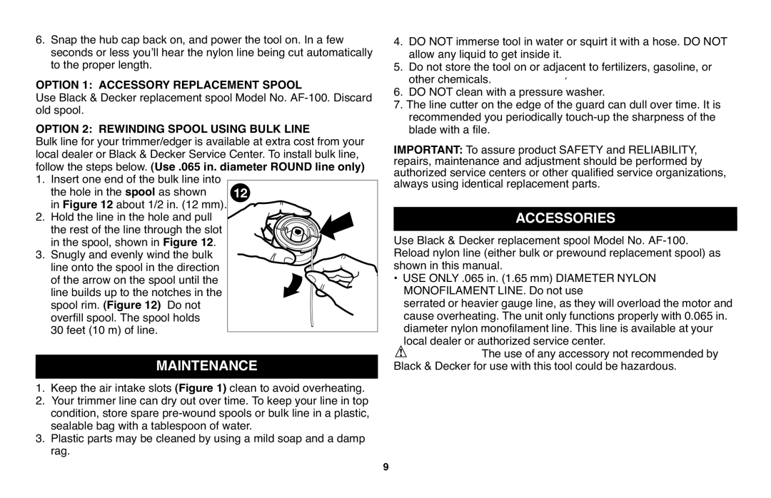 Black & Decker CST1200R instruction manual Maintenance, Accessories, Option 1 Accessory Replacement Spool 