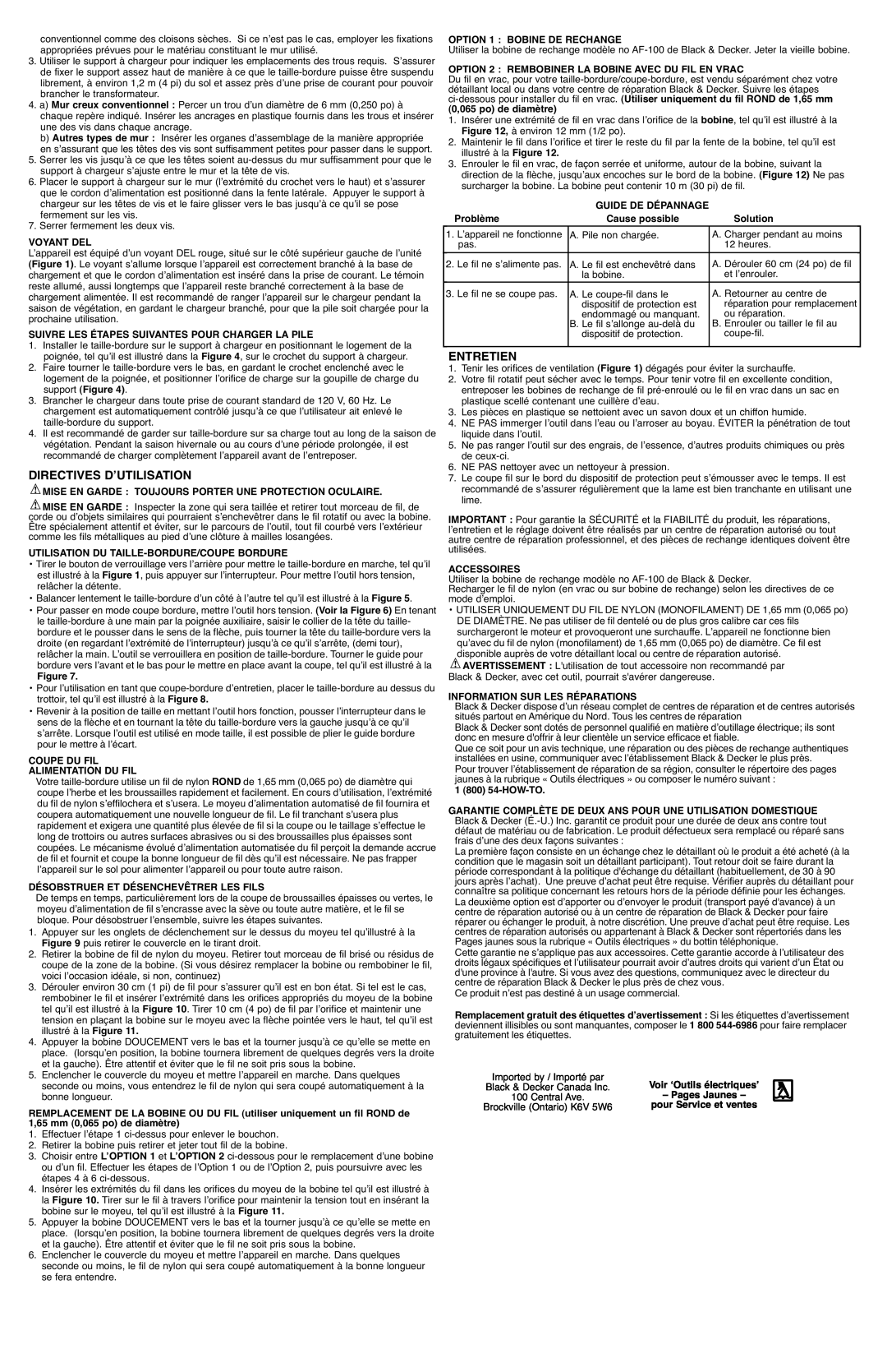 Black & Decker CST1200R instruction manual Directives D’Utilisation, Entretien 