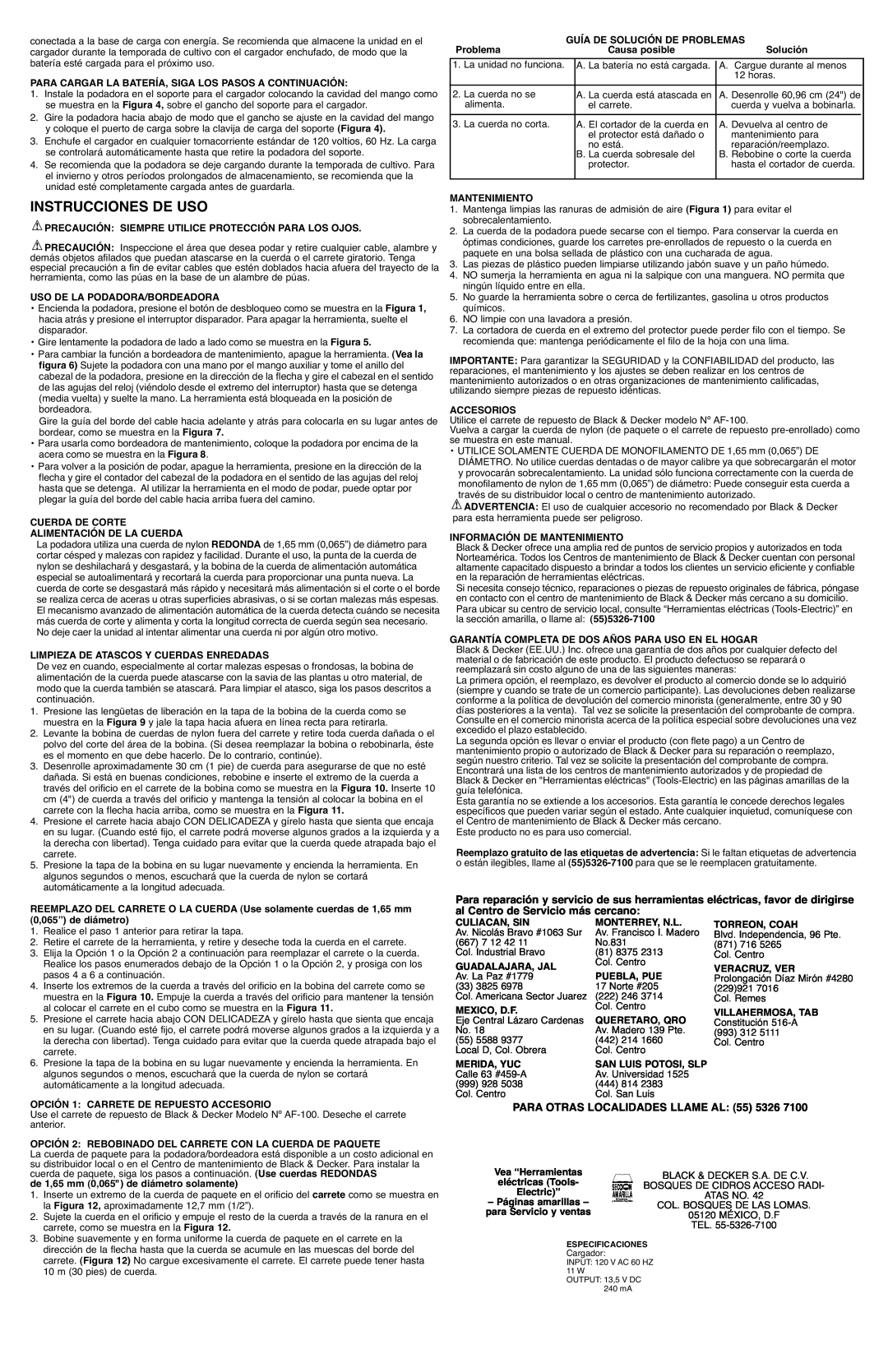 Black & Decker CST1200R instruction manual Instrucciones De Uso, PARA OTRAS LOCALIDADES LLAME AL 55 