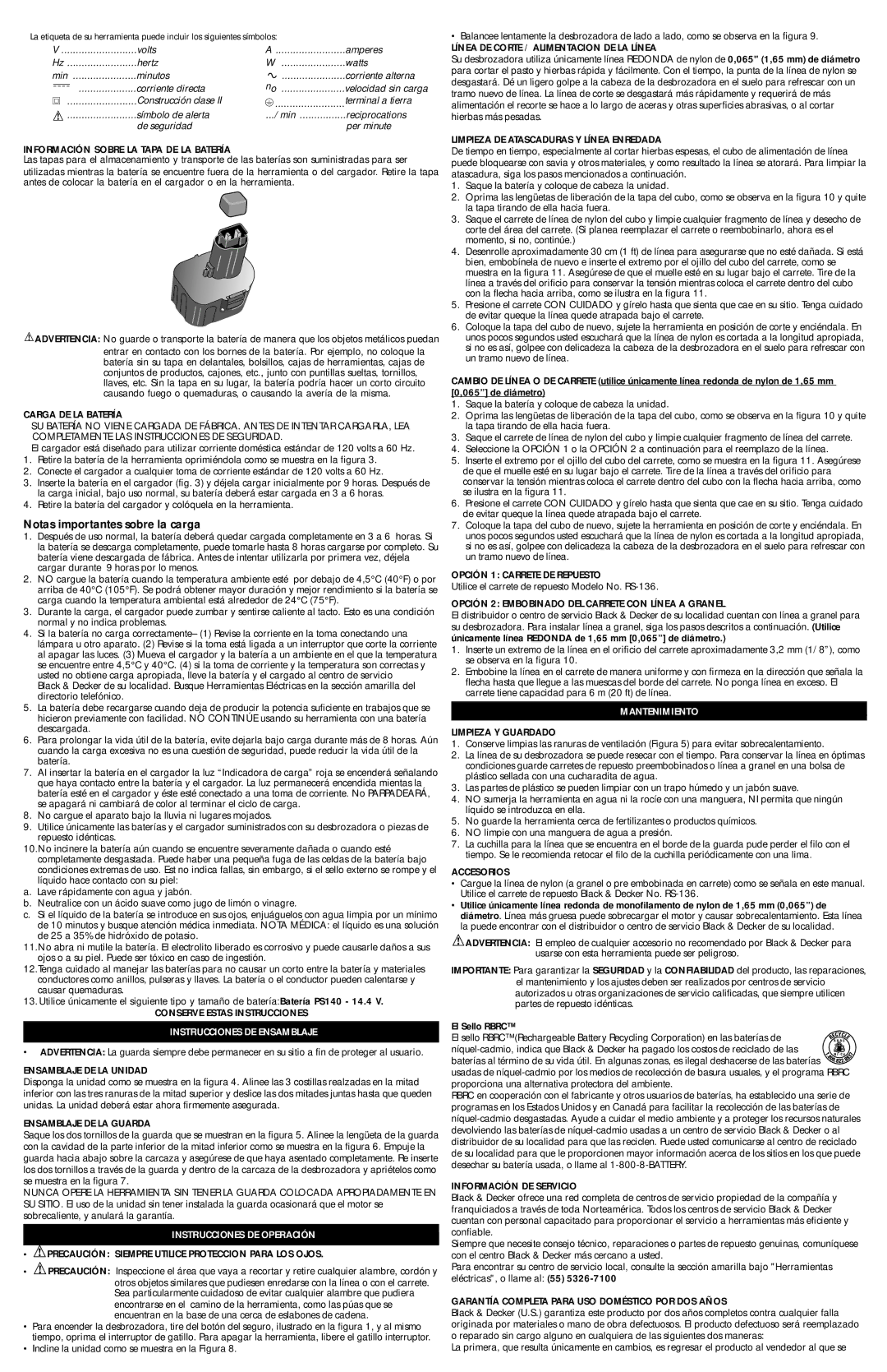 Black & Decker 616080-00, CST500 Notas importantes sobre la carga, Instrucciones DE Ensamblaje, Instrucciones DE Operación 