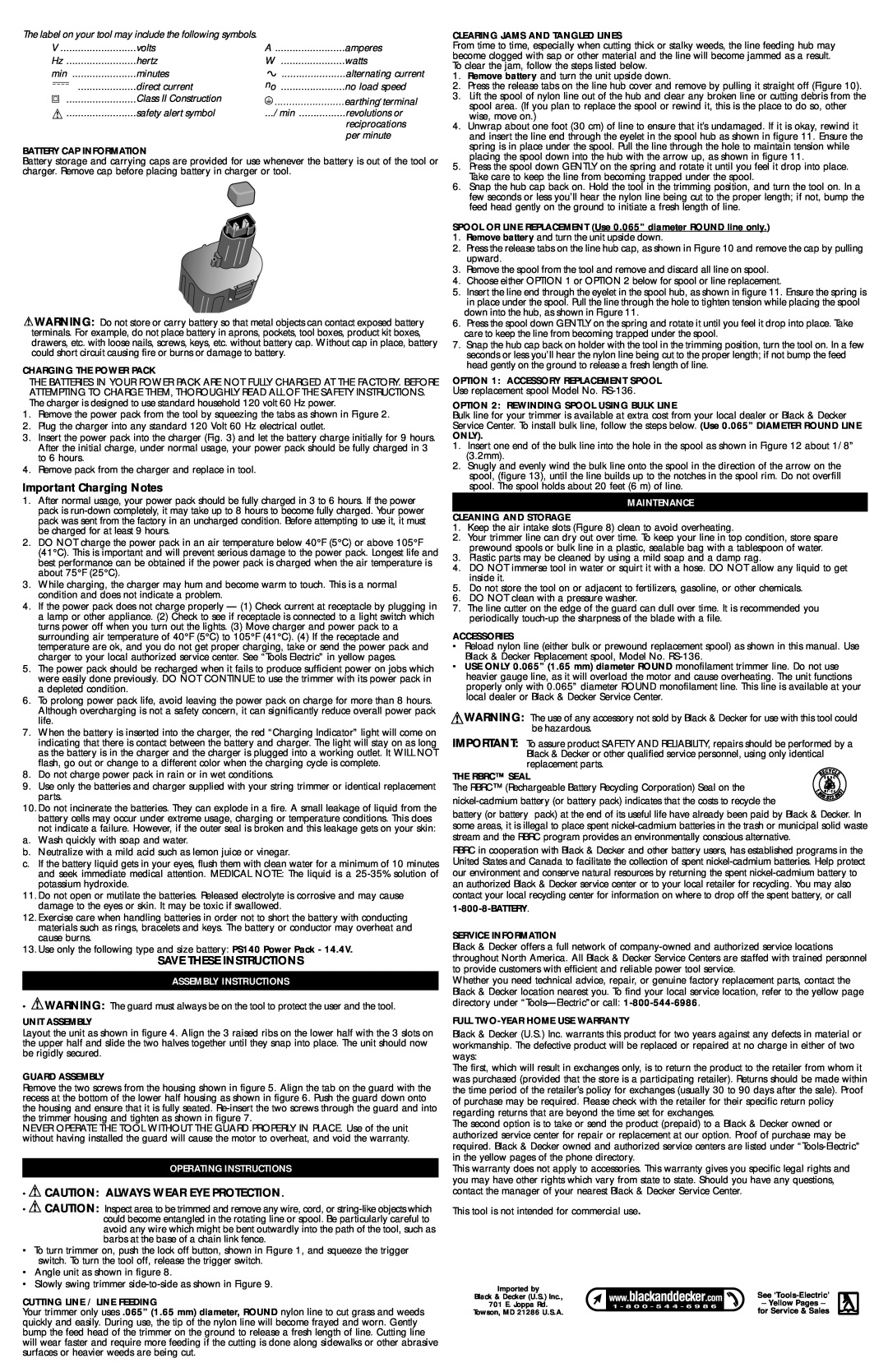 Black & Decker CST500 Important Charging Notes, Save These Instructions, Assembly Instructions, Operating Instructions 