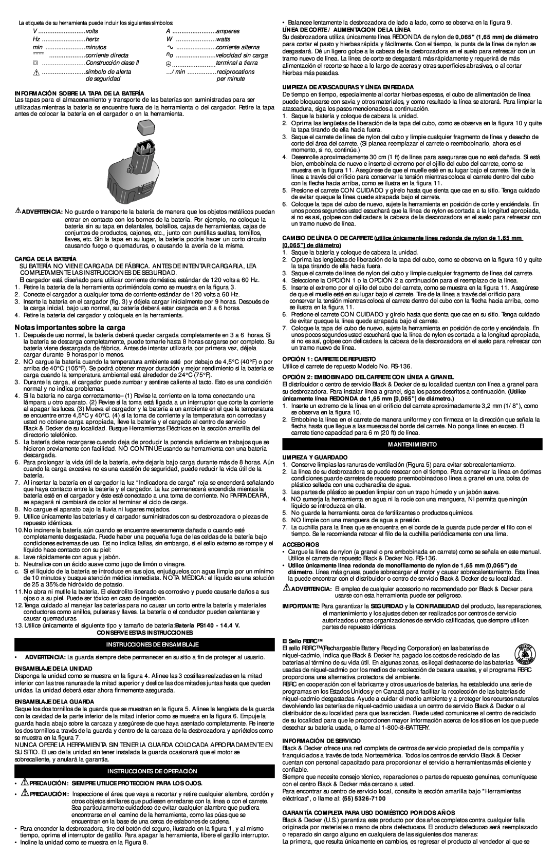 Black & Decker 616080-00, CST500 Notas importantes sobre la carga, Instrucciones De Ensamblaje, Instrucciones De Operación 