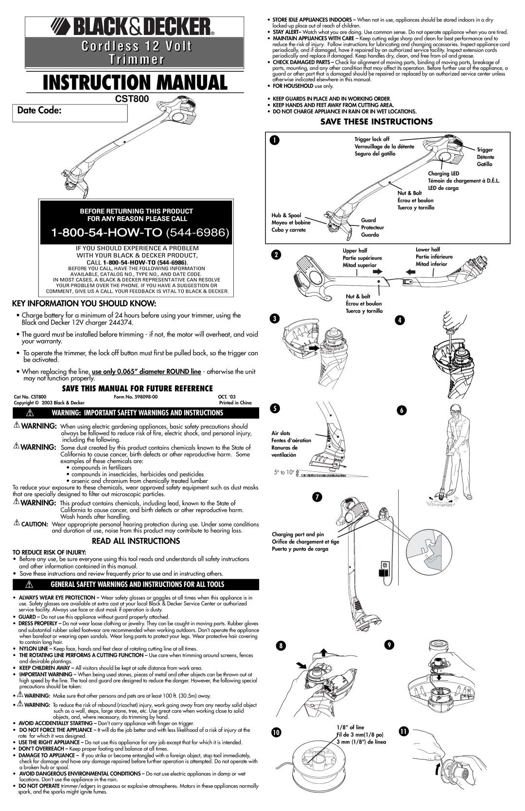 Black & Decker 598098-00, CST800 instruction manual R d l e s s 1 2 V o l t I m m e r, To Reduce Risk of Injury 