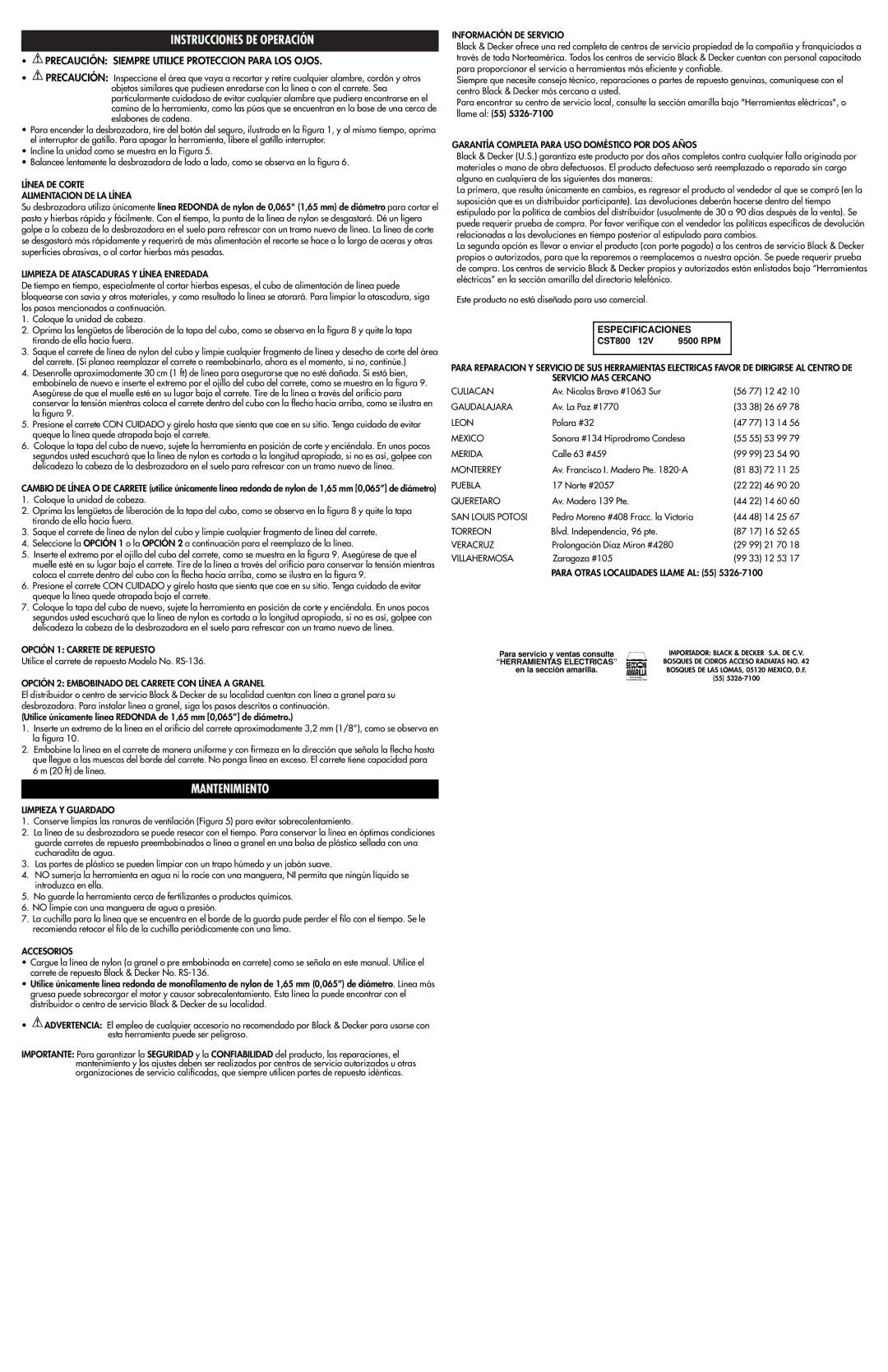 Black & Decker 598098-00 Instrucciones DE Operación, Mantenimiento, Precaución Siempre Utilice Proteccion Para LOS Ojos 