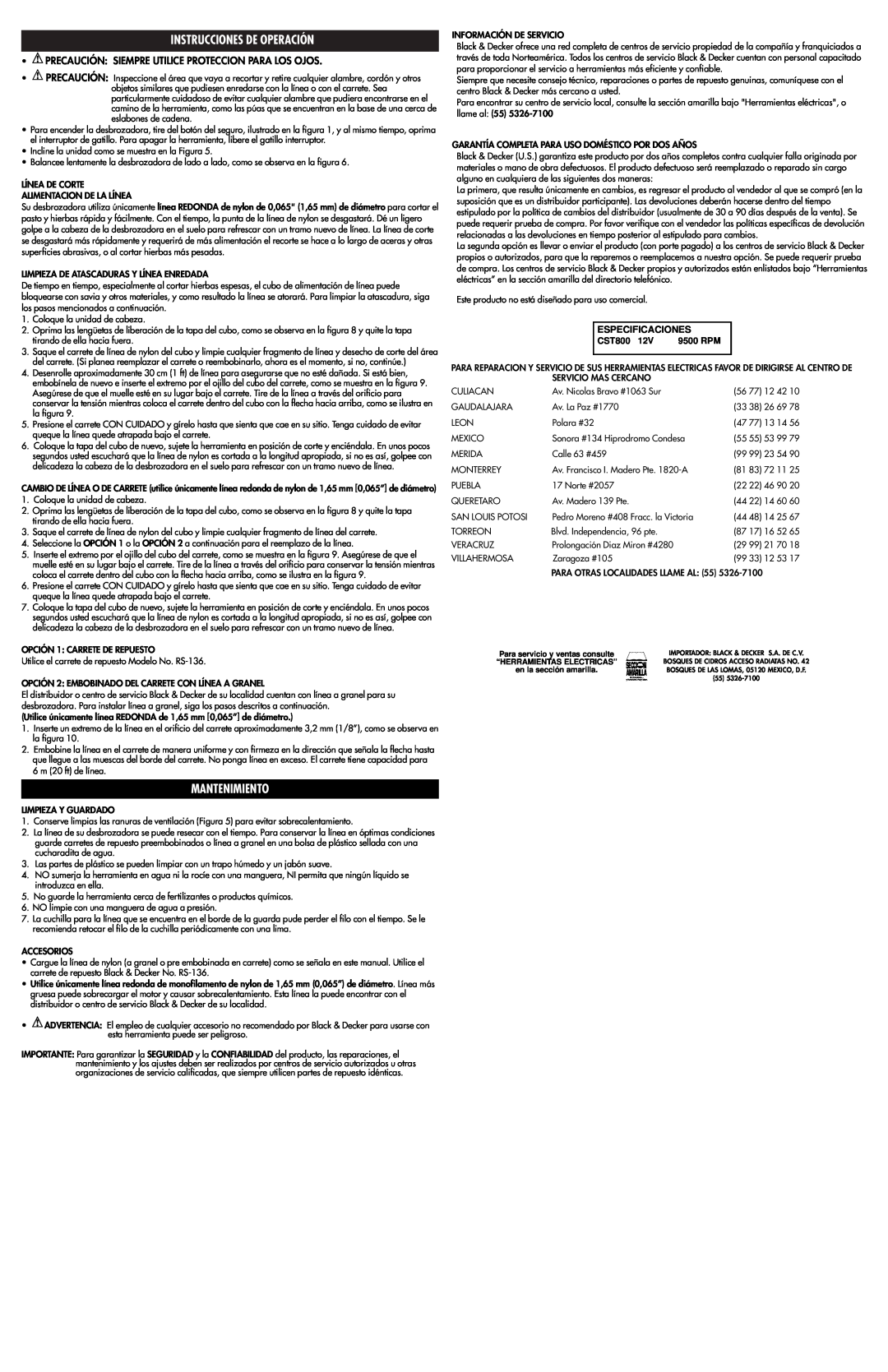 Black & Decker 598098-00 instruction manual Instrucciones De Operación, Mantenimiento, Especificaciones, CST800, 9500 RPM 