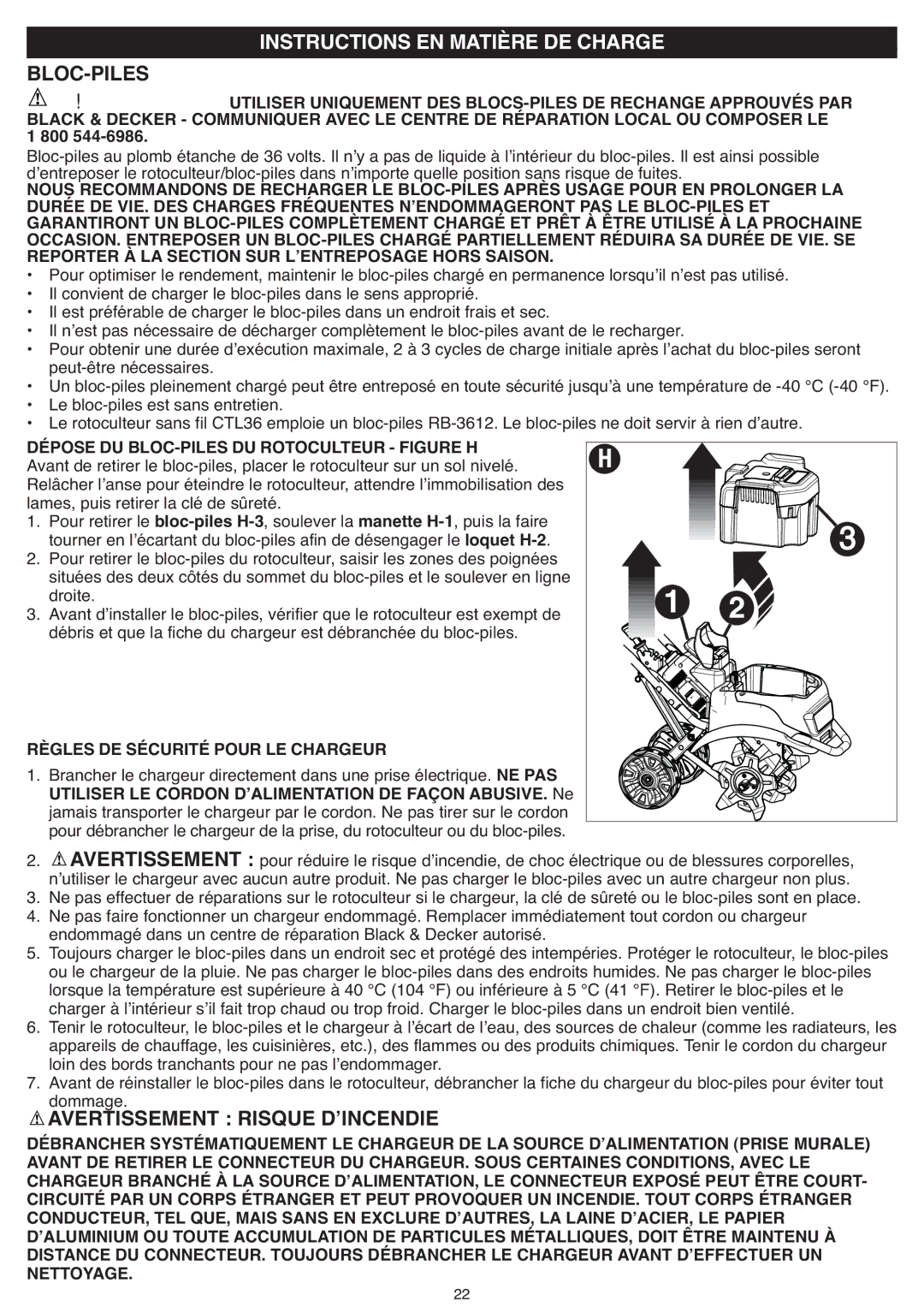 Black & Decker CTL36 Dépose DU BLOC-PILES DU Rotoculteur Figure H, Règles DE Sécurité Pour LE Chargeur, NETTOYAGE.22 