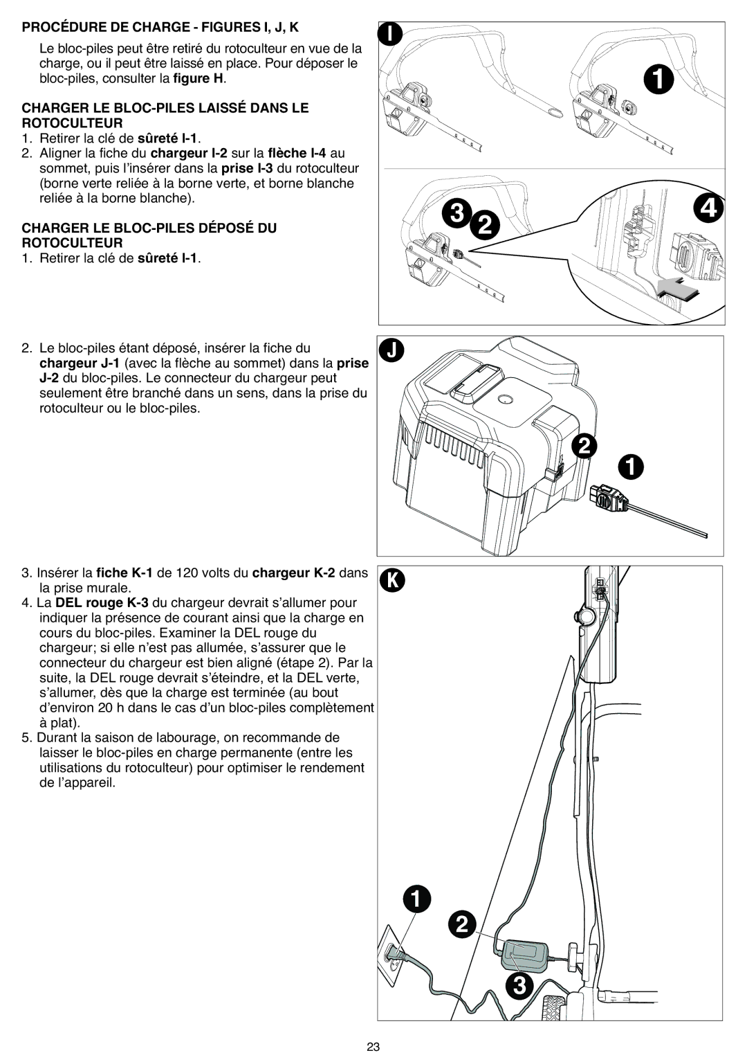 Black & Decker CTL36 Procédure DE Charge Figures I, J, K, Charger LE BLOC-PILES Laissé Dans LE, Rotoculteur 