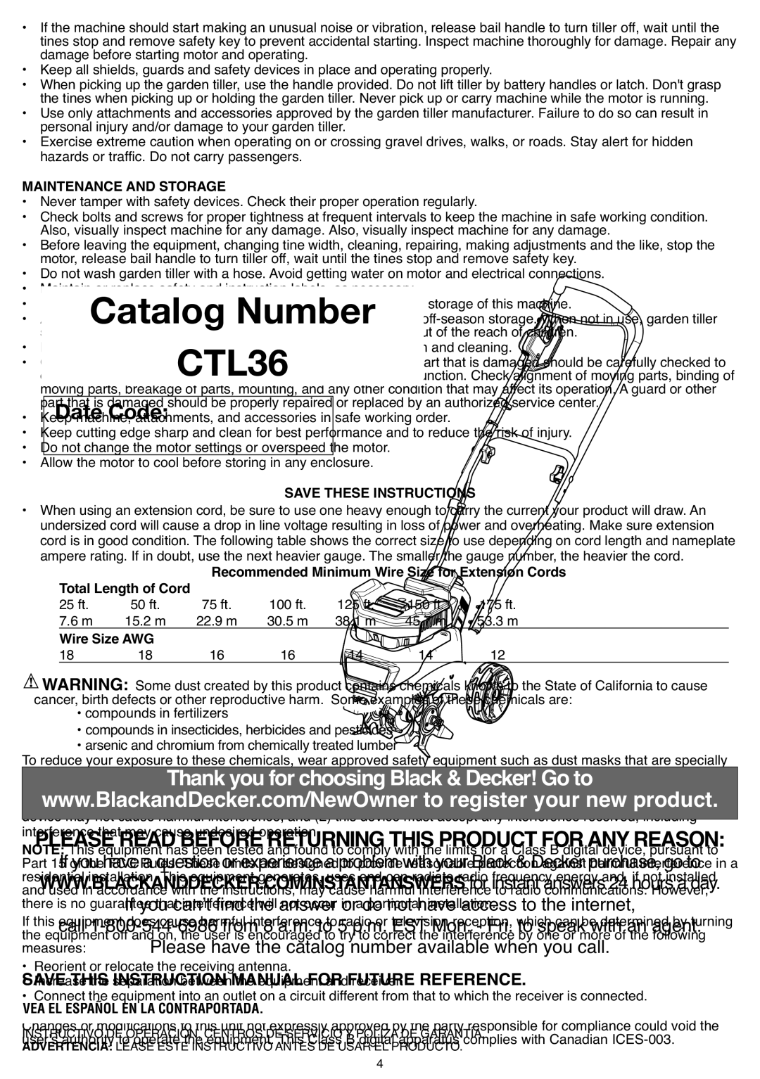 Black & Decker CTL36 instruction manual Maintenance and Storage, Wire Size AWG 