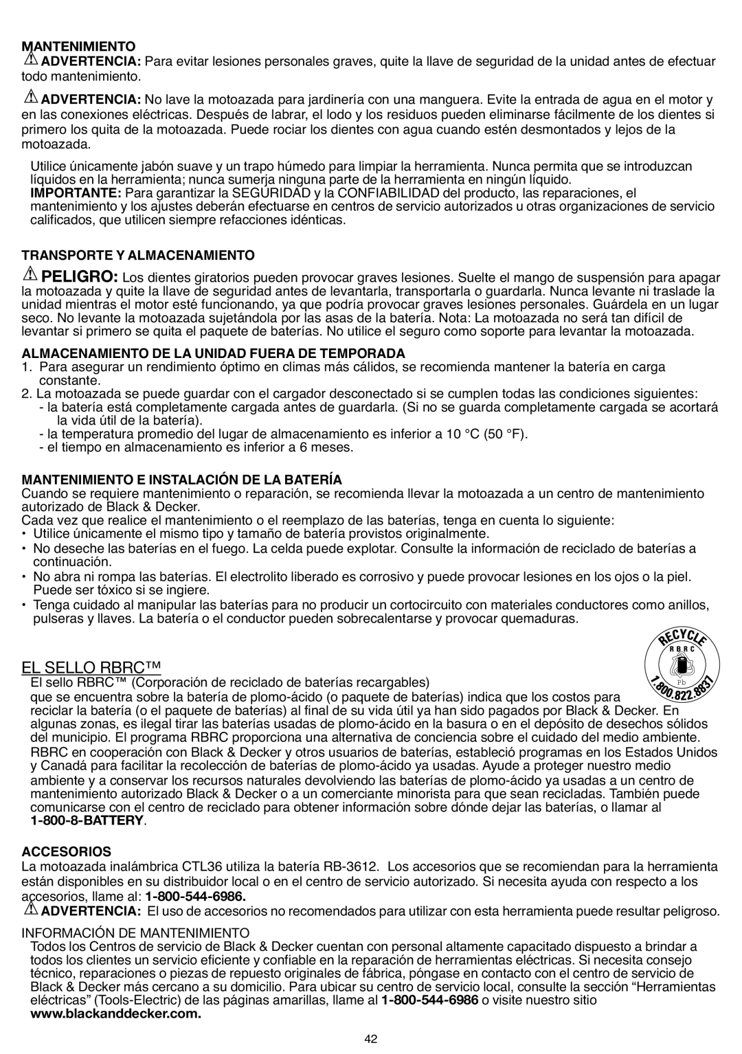 Black & Decker CTL36 instruction manual Transporte Y Almacenamiento, Almacenamiento DE LA Unidad Fuera DE Temporada 