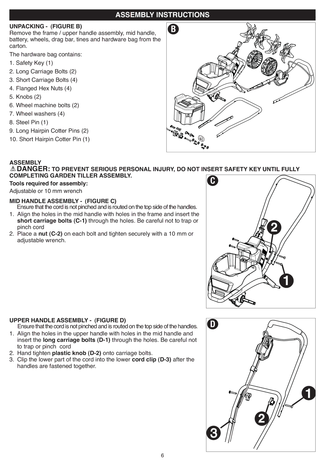 Black & Decker CTL36 Assembly Instructions, Unpacking Figure B, Assembly Completing Garden Tiller Assembly 