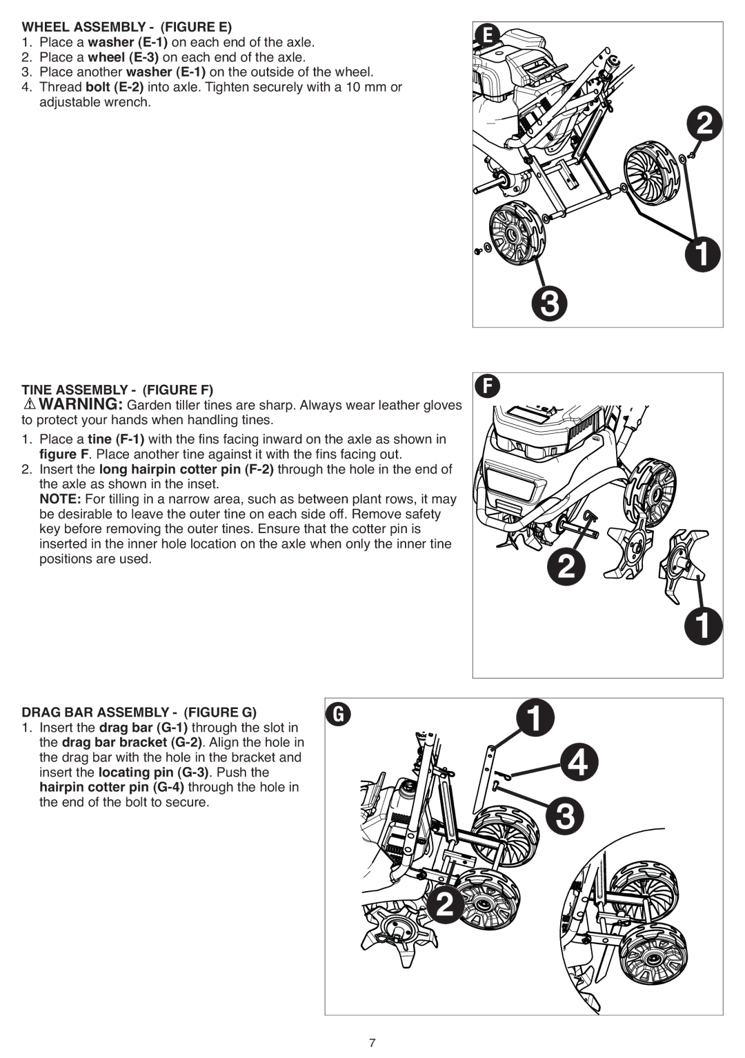 Black & Decker CTL36 instruction manual Wheel Assembly Figure E, Tinewassemblyrning Figure F, Drag BAR ASSEMBLY- Figure G 