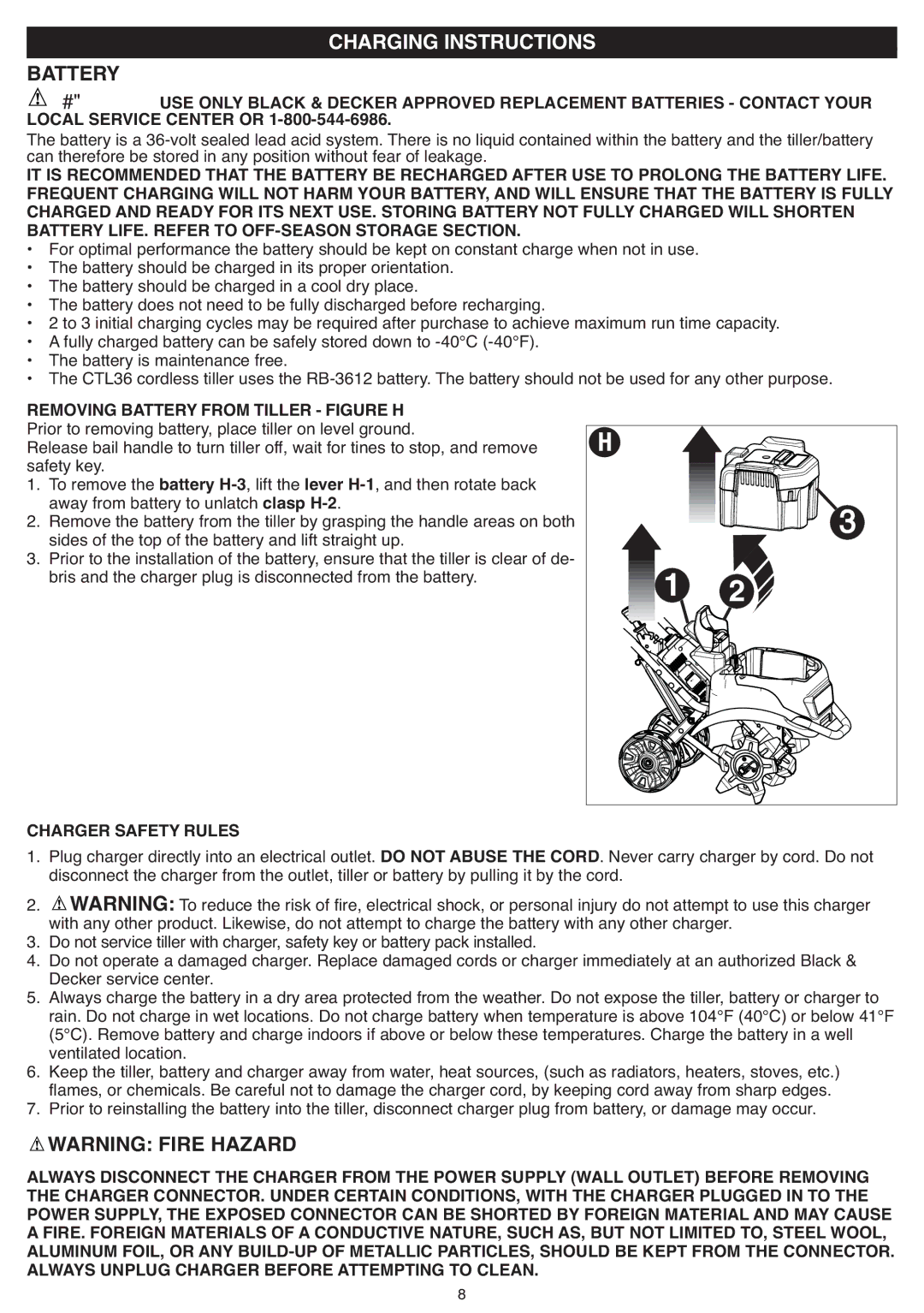 Black & Decker CTL36 Local Service Center or, Battery LIFE. Refer to OFF-SEASON Storage Section, Charger Safety Rules 