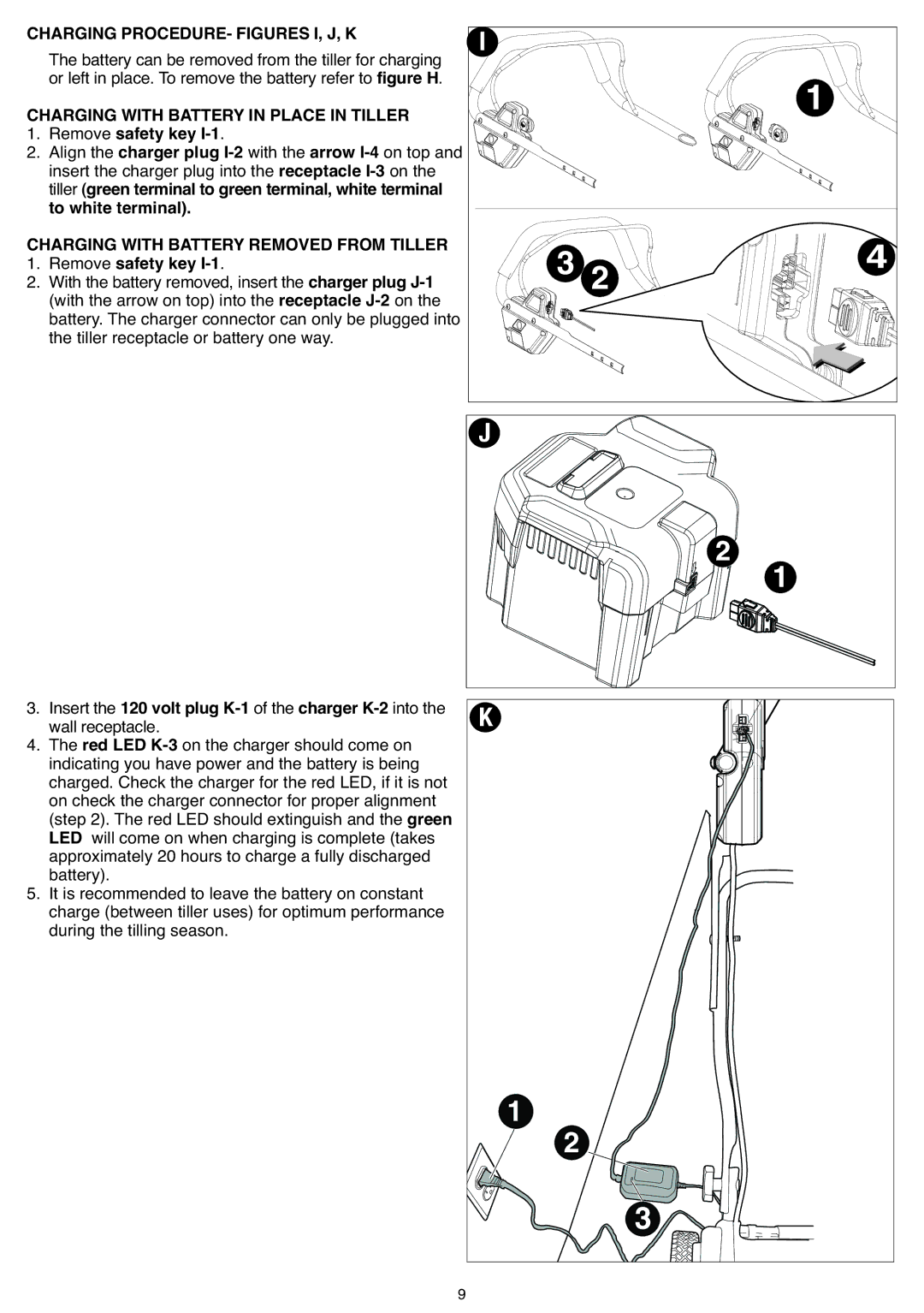 Black & Decker CTL36 instruction manual Charging PROCEDURE- Figures I, J, K, Charging with Battery Removed from Tiller 