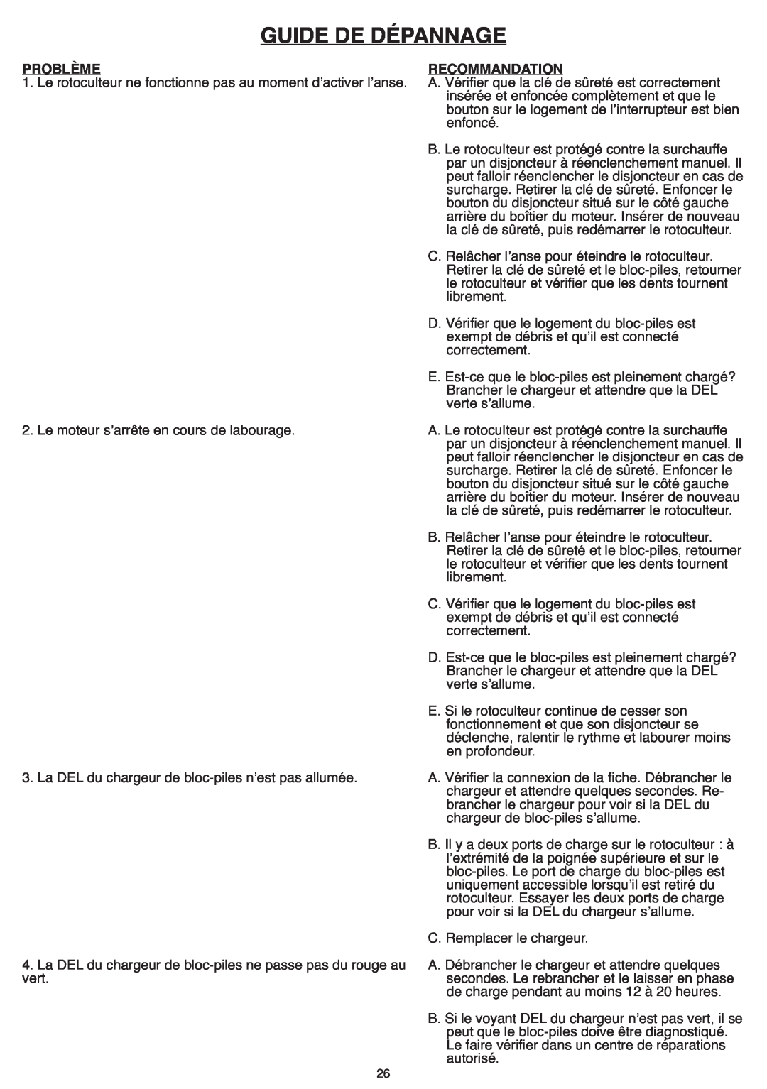 Black & Decker CTL36 instruction manual Guide De Dépannage, Problème, Recommandation 