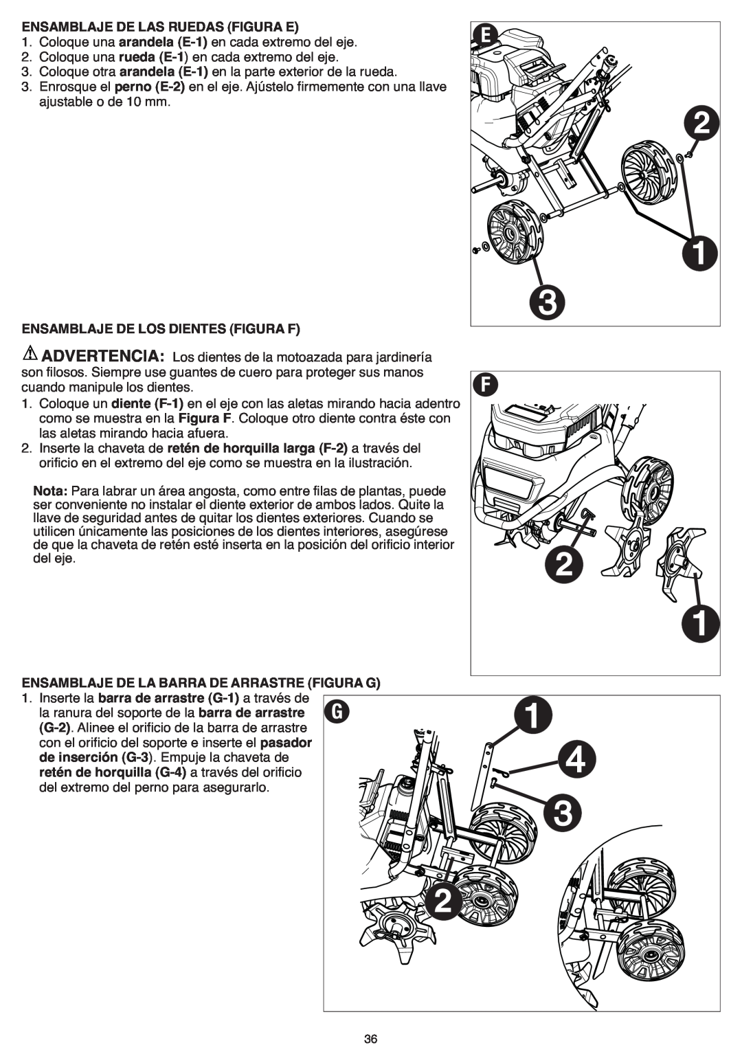 Black & Decker CTL36 instruction manual Ensamblaje De Las Ruedas Figura E, Ensamblaje De Los Dientes Figura F 