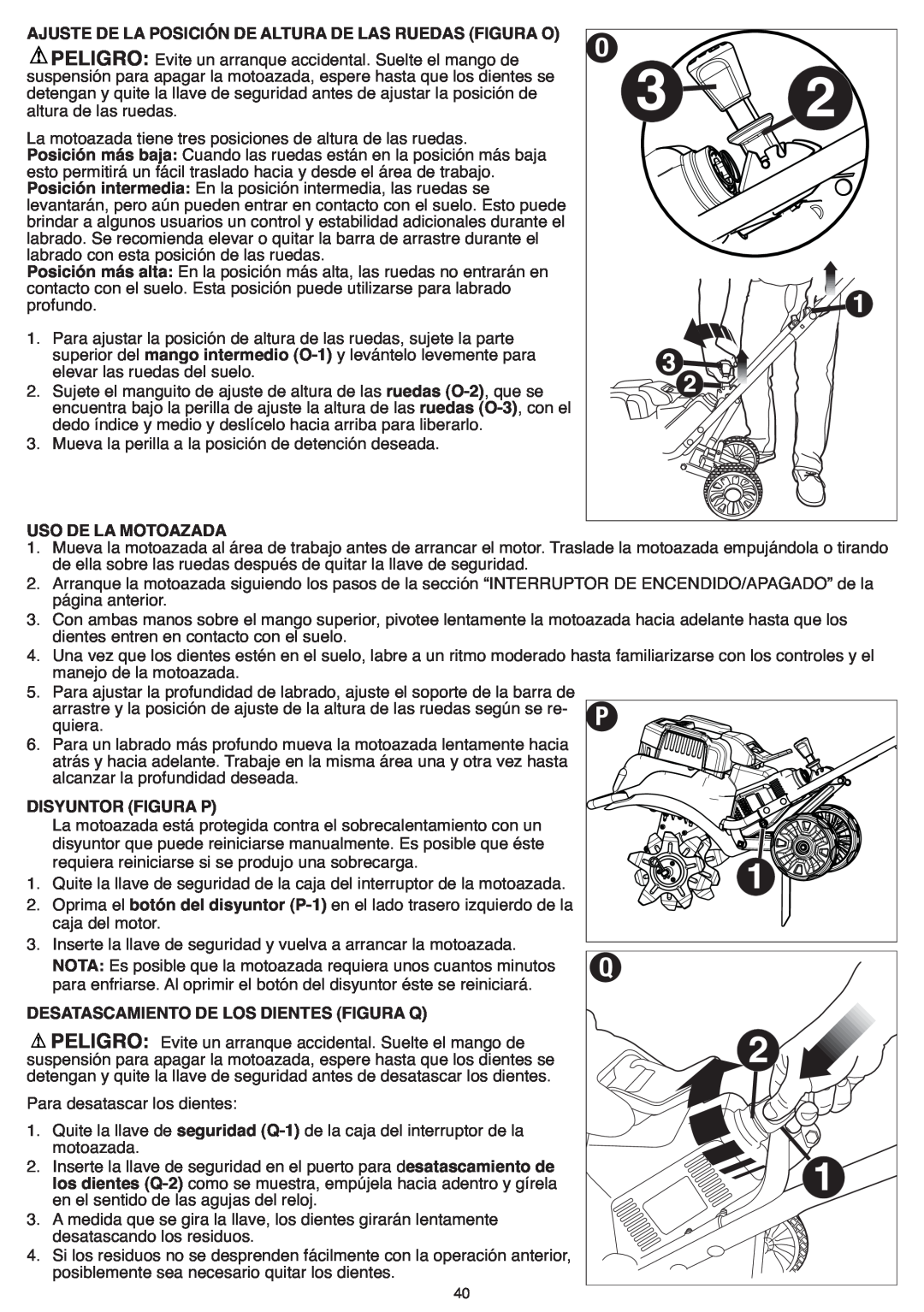 Black & Decker CTL36 instruction manual Uso De La Motoazada, Disyuntor Figura P, Desatascamiento De Los Dientes Figura Q 