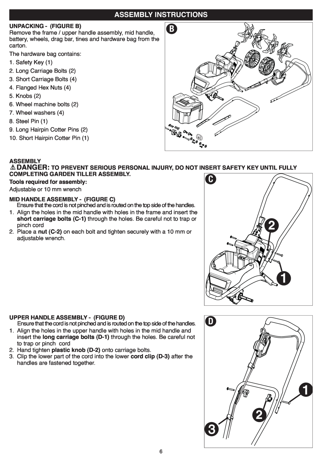 Black & Decker CTL36 instruction manual Assembly Instructions, Unpacking - Figure B, Completing Garden Tiller Assembly 
