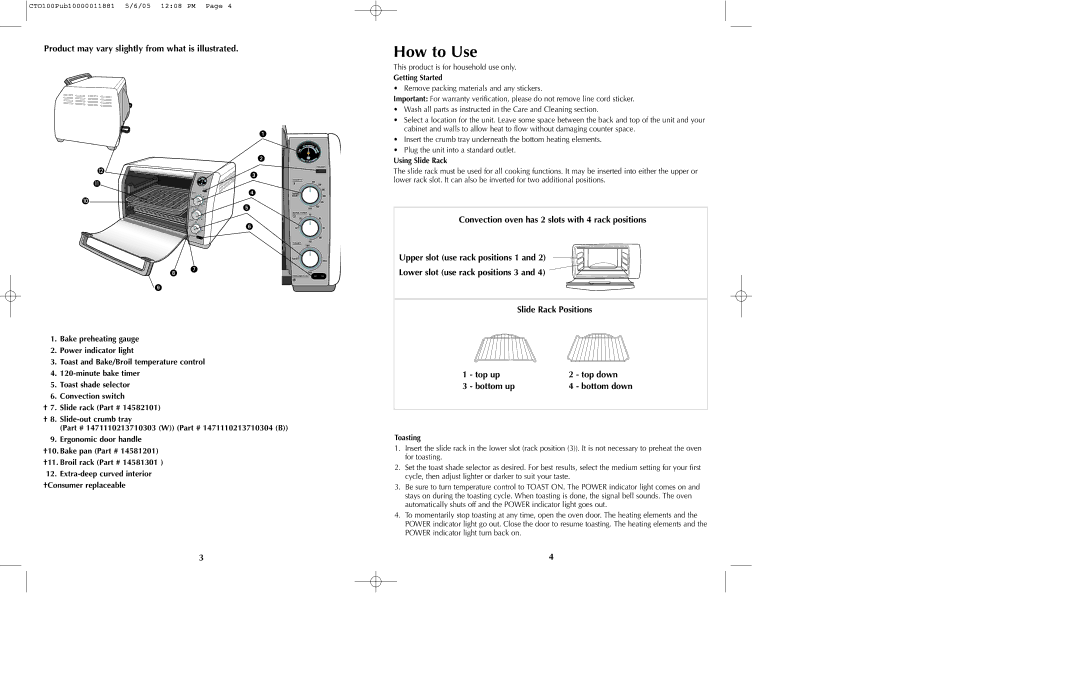 Black & Decker CTO100 Series How to Use, Product may vary slightly from what is illustrated, Getting Started, Toasting 