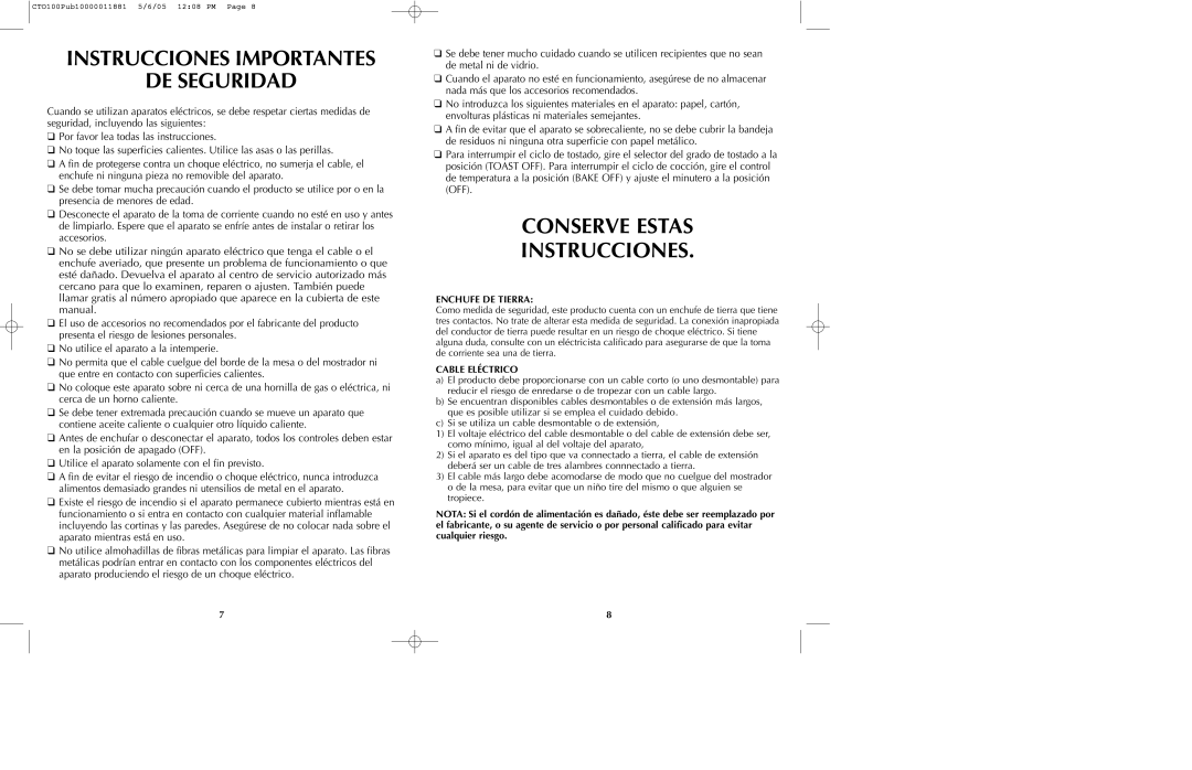 Black & Decker CTO100 Series manual Instrucciones Importantes DE Seguridad, Conserve Estas Instrucciones, Enchufe DE Tierra 