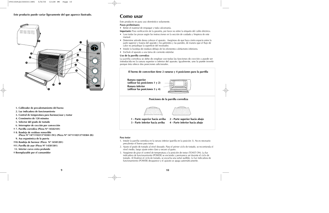 Black & Decker CTO100 Series manual Como usar, Parte inferior hacia abajo, Pasos preliminares, Uso de la parrilla corrediza 