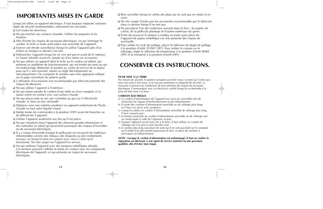 Black & Decker CTO100 Series manual Importantes Mises EN Garde, Conserver CES Instructions, Fiche Mise À LA Terre 