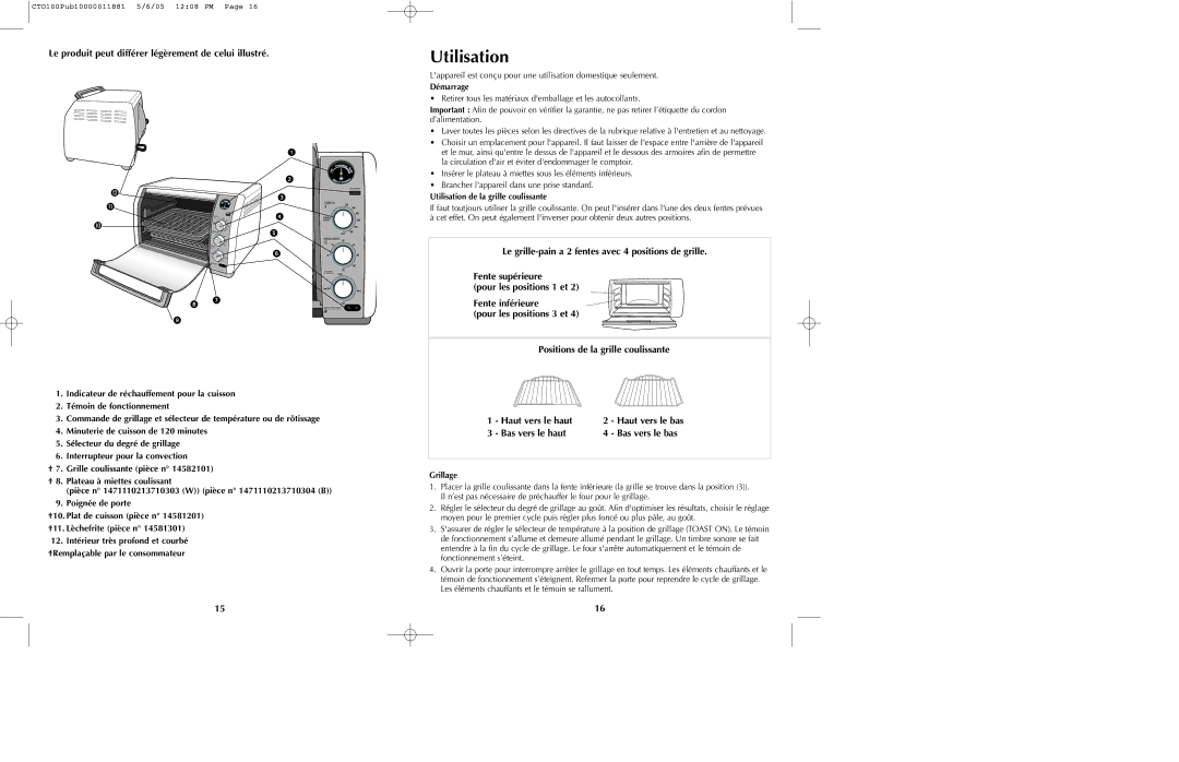 Black & Decker CTO100 Series manual Utilisation, Le produit peut différer légèrement de celui illustré, Démarrage, Grillage 