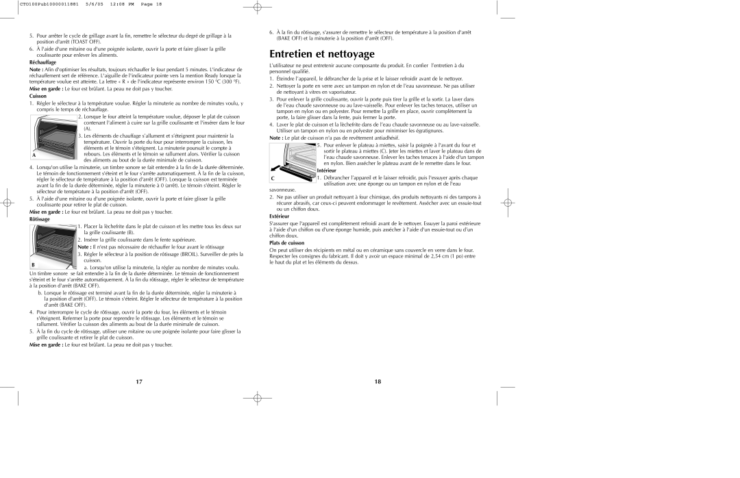 Black & Decker CTO100 Series manual Entretien et nettoyage, Réchauffage, Cuisson, Rôtissage, Intérieur, Extérieur 