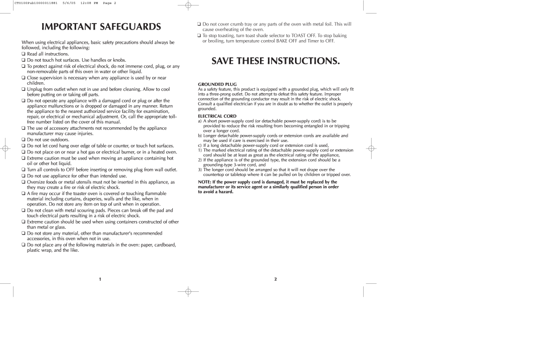 Black & Decker CTO100 Series manual Important Safeguards, Save These Instructions 