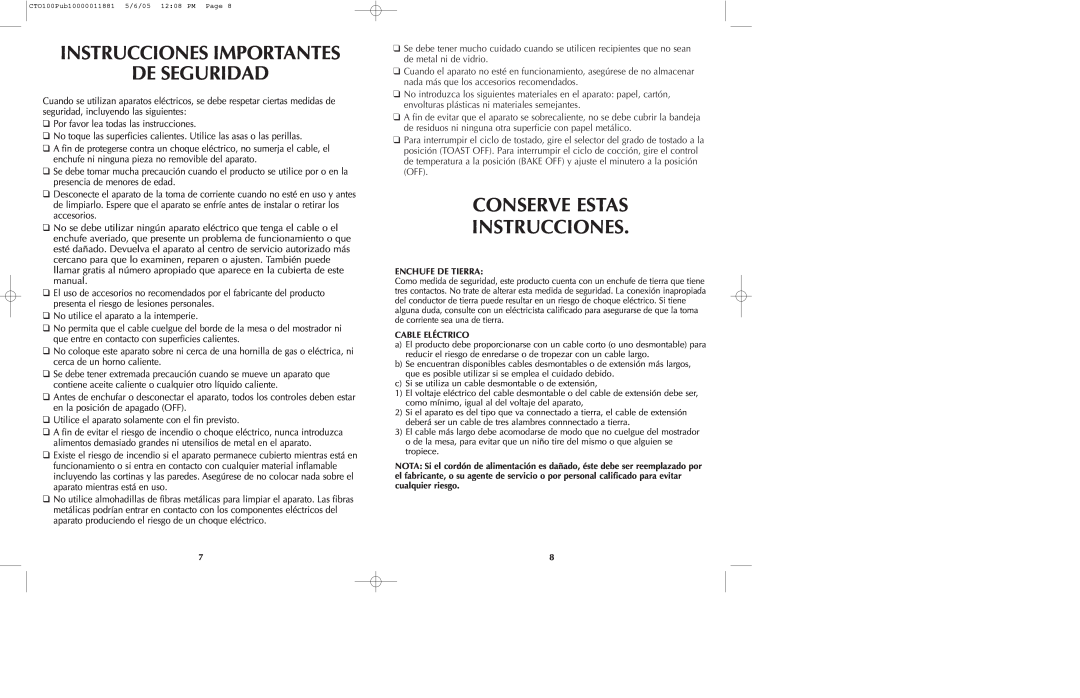 Black & Decker CTO100 Series manual Instrucciones Importantes De Seguridad, Conserve Estas Instrucciones 