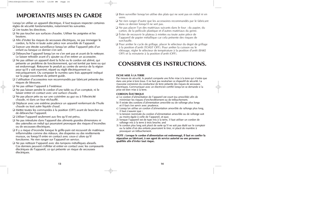 Black & Decker CTO100 Series manual Importantes Mises En Garde, Conserver Ces Instructions 