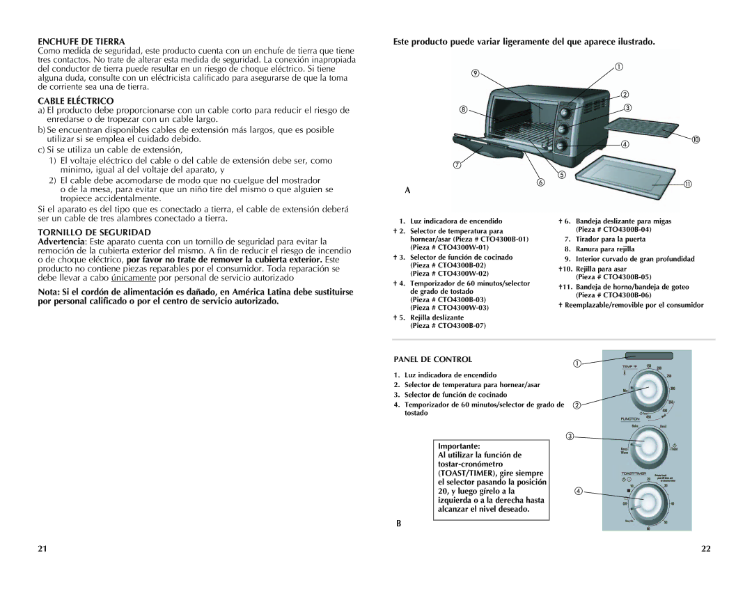 Black & Decker CTO4300B, CTO4300W manual Enchufe DE Tierra, Cable Eléctrico, Panel de control, Importante 