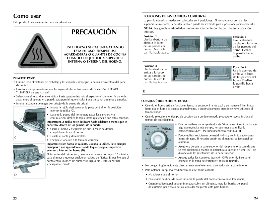 Black & Decker CTO4300W, CTO4300B manual Como usar, Posiciones DE LAS Bandejas Corredizas, Este Horno SE Calienta Cuando 