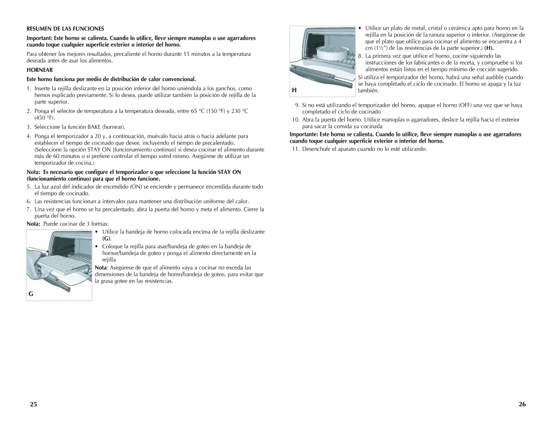 Black & Decker CTO4300B Resumen DE LAS Funciones, Hornear, Cm 1½ de las resistencias de la parte superior. H, También 