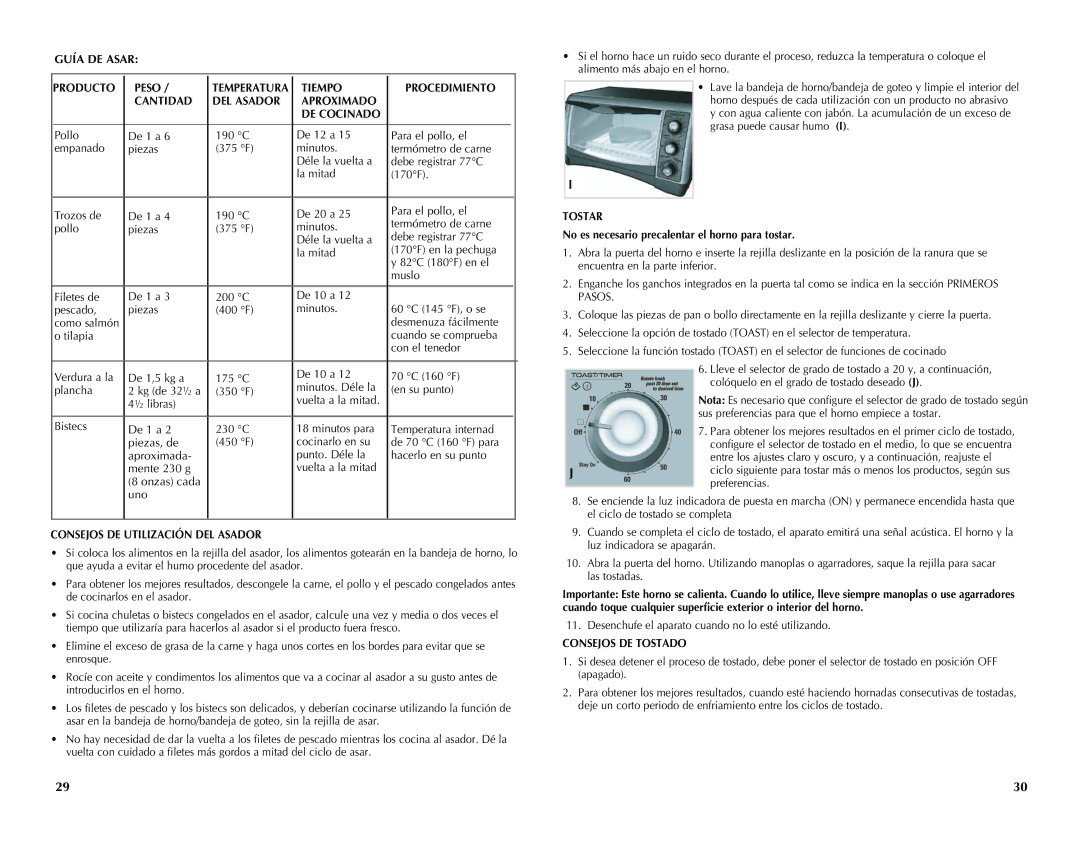 Black & Decker CTO4300B manual Guía DE Asar Producto Peso, Consejos DE Utilización DEL Asador, Tostar, Consejos DE Tostado 