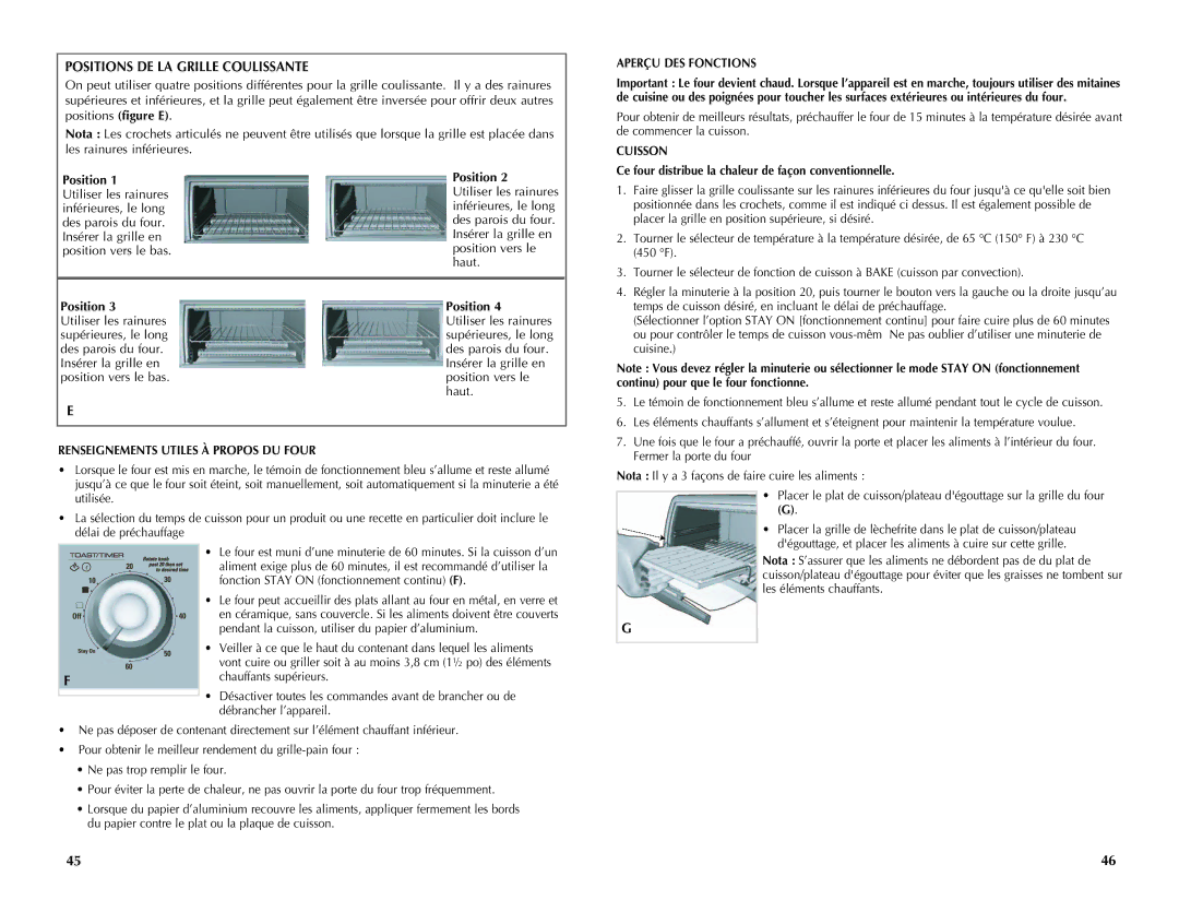 Black & Decker CTO4300B, CTO4300W manual Positions DE LA Grille Coulissante, Aperçu DES Fonctions, Cuisson 