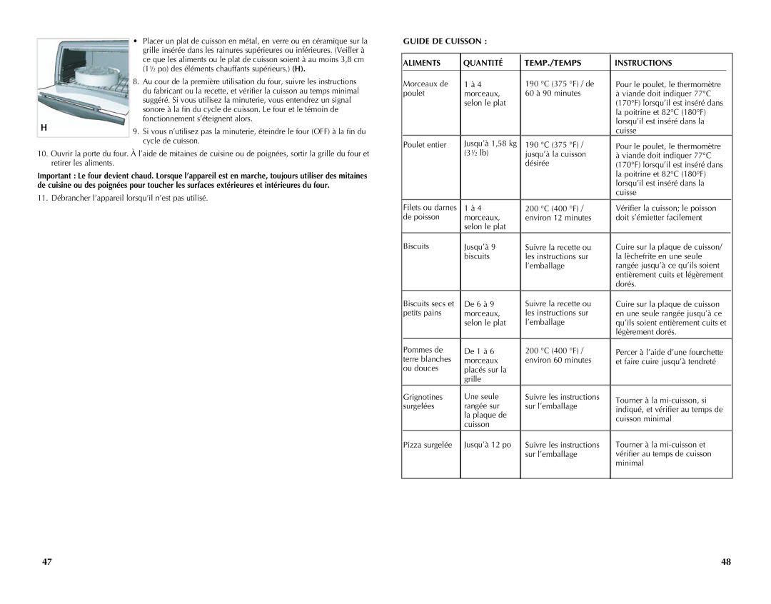 Black & Decker CTO4300W, CTO4300B manual Guide DE Cuisson Aliments Quantité TEMP./TEMPS Instructions 