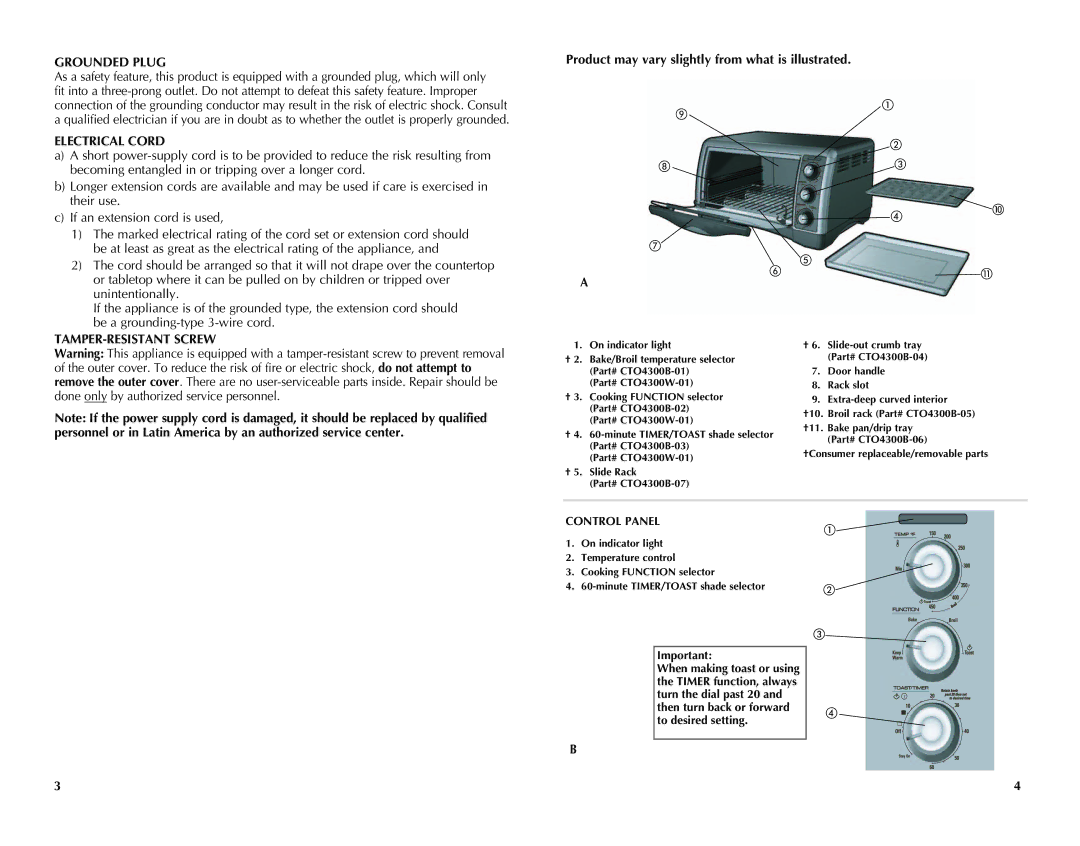 Black & Decker CTO4300W, CTO4300B manual Grounded Plug, Electrical Cord, TAMPER-RESISTANT Screw,  , Control Panel 