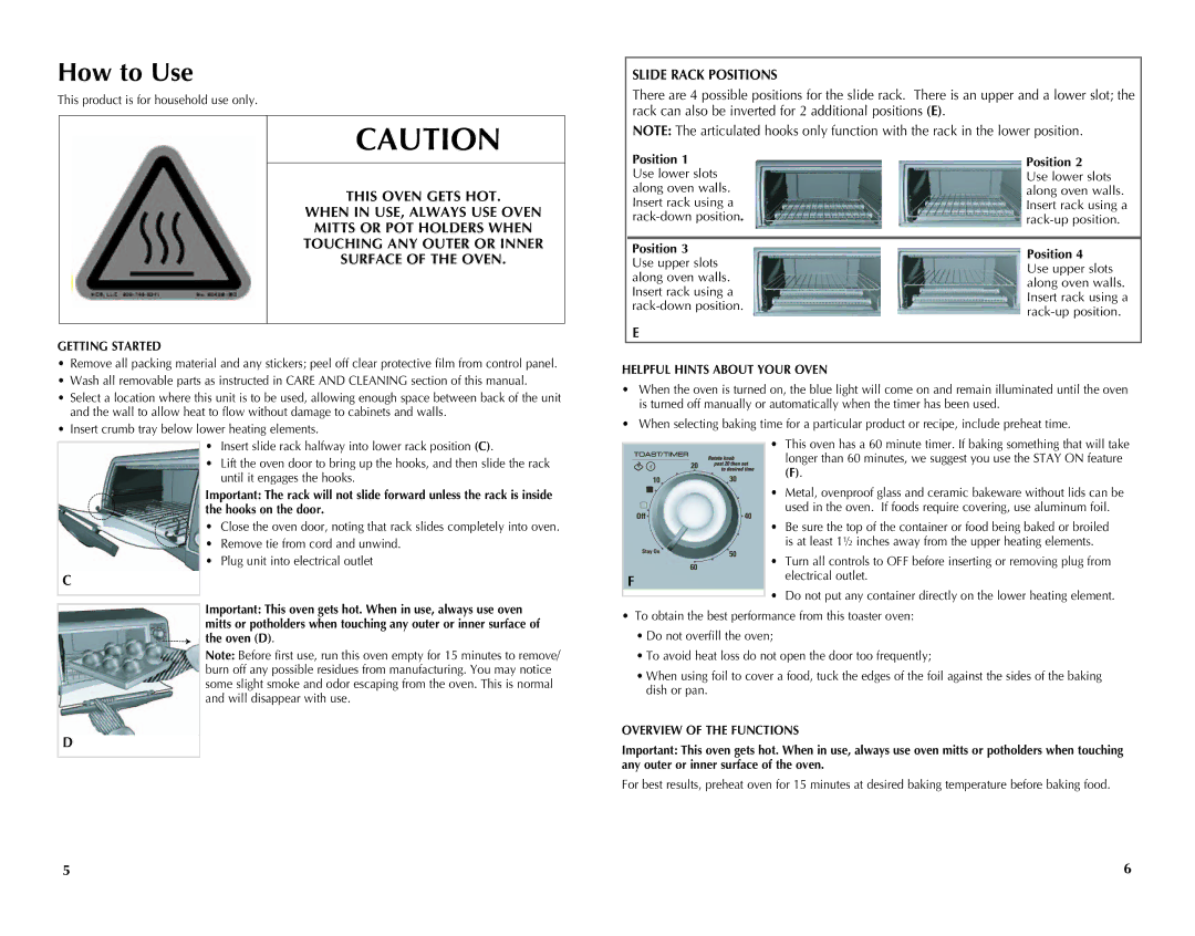 Black & Decker CTO4300B, CTO4300W How to Use, Slide Rack Positions, When in USE, Always USE Oven in USE, Always USE Oven 